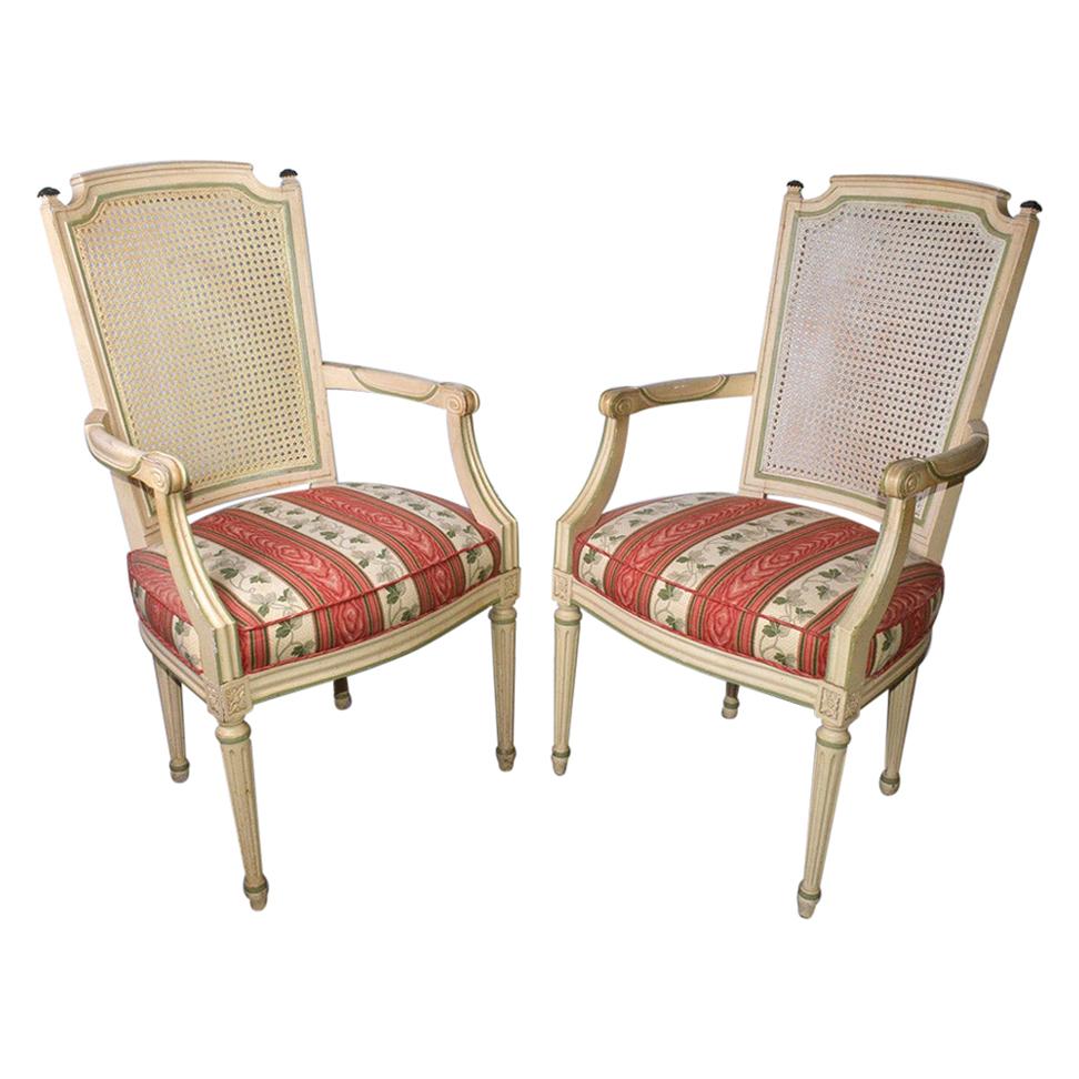 Louis XVI Style Cane Back Armchairs or Fauteuils For Sale