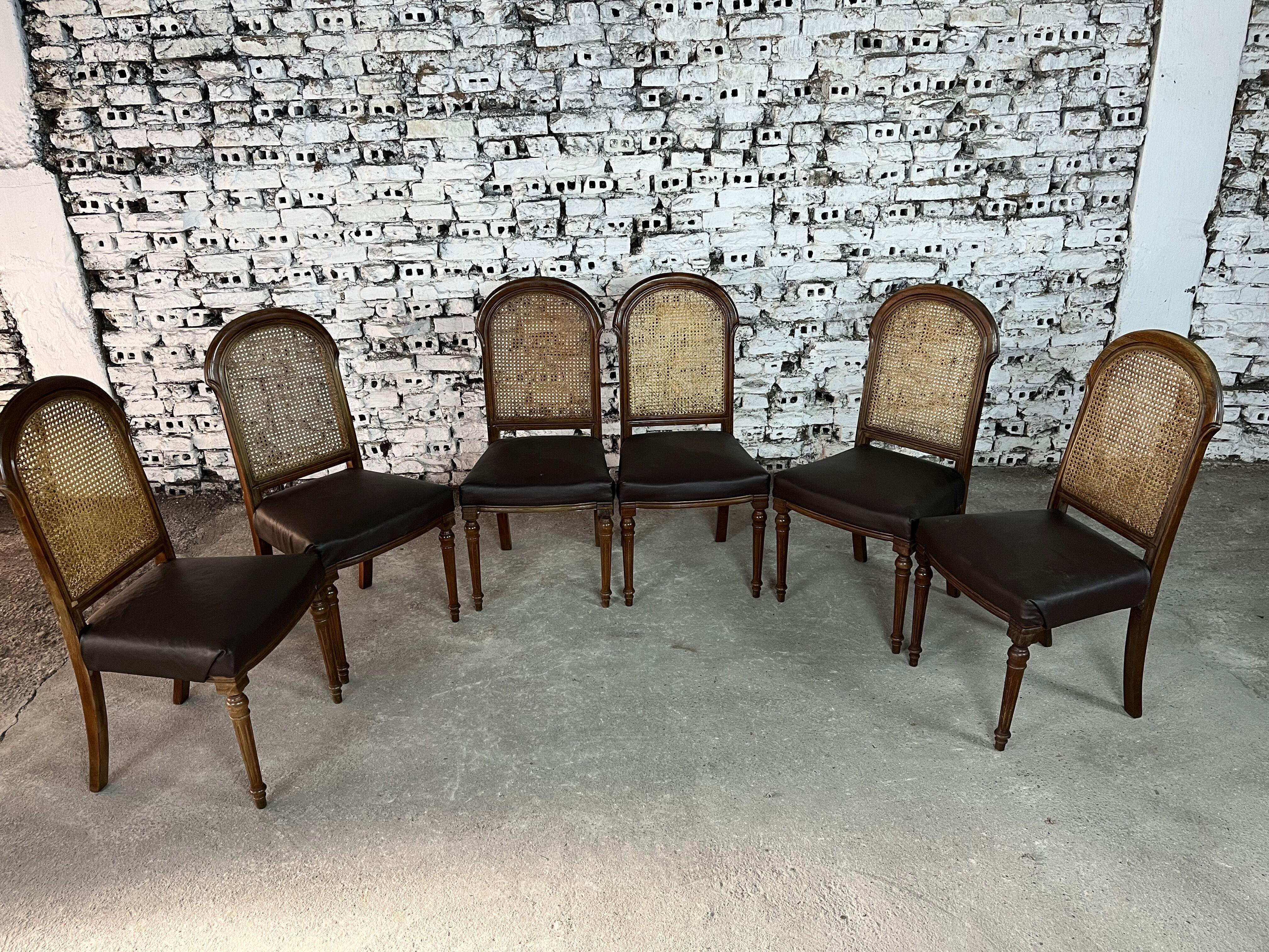 Dimensions: H 40.5” x W 18.8” x SD 17.7” x SH 19.6”

Set of 6 French Louis XVI style cane back dining chairs. Seats upholstered in original black faux leather. Carved front legs. A wonderful addition to your interior.

Please see our other listings