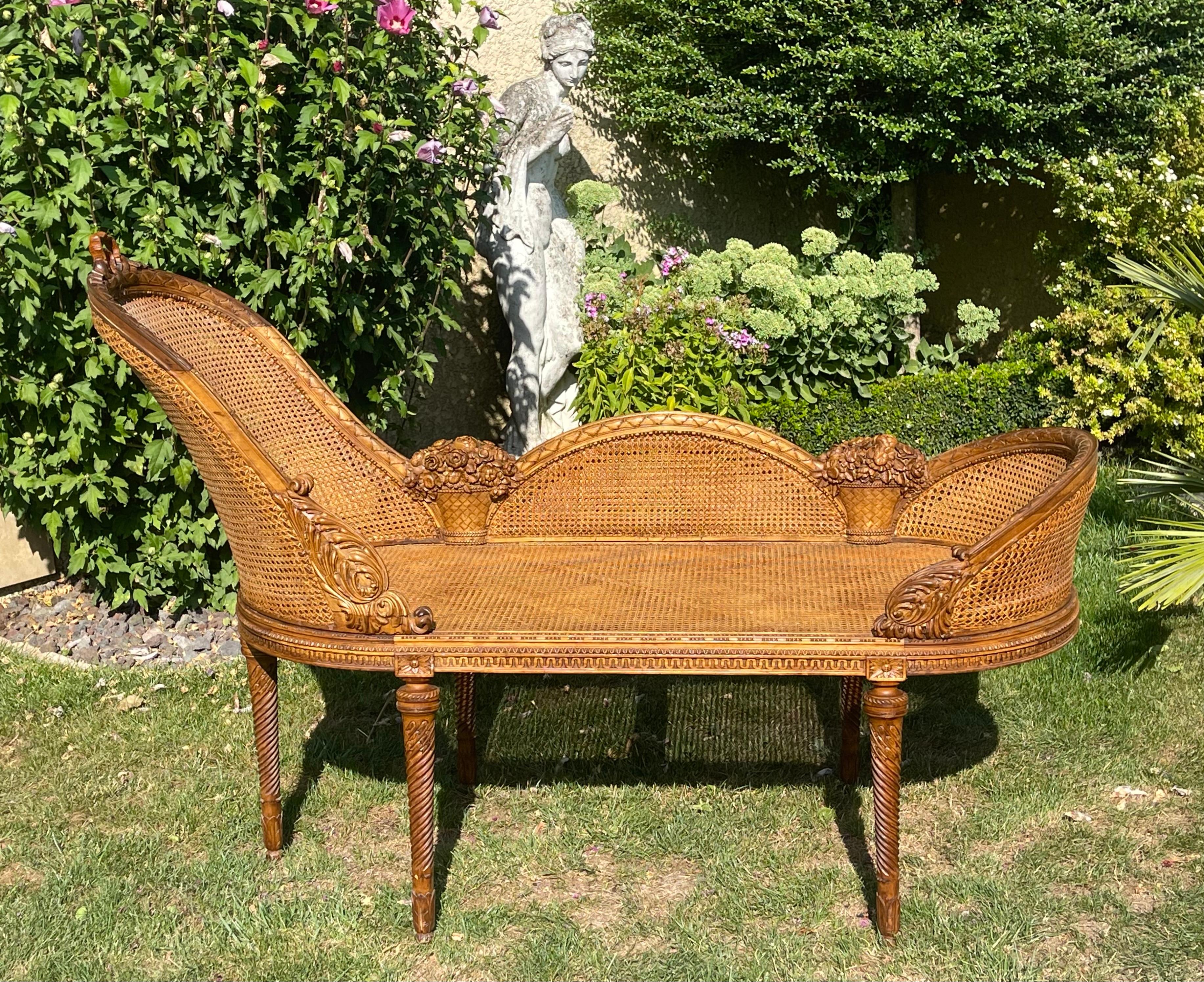 19th Century Louis XVI Style Cane Bench For Sale