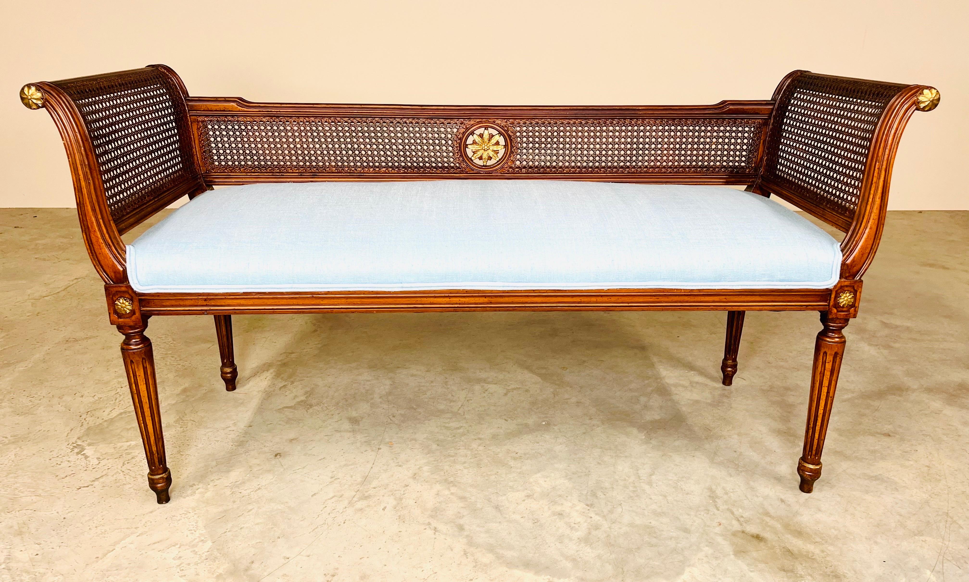 Louis XVI Style Caned Scroll Arm Window Bench with Gold Gilt Embellishments  2