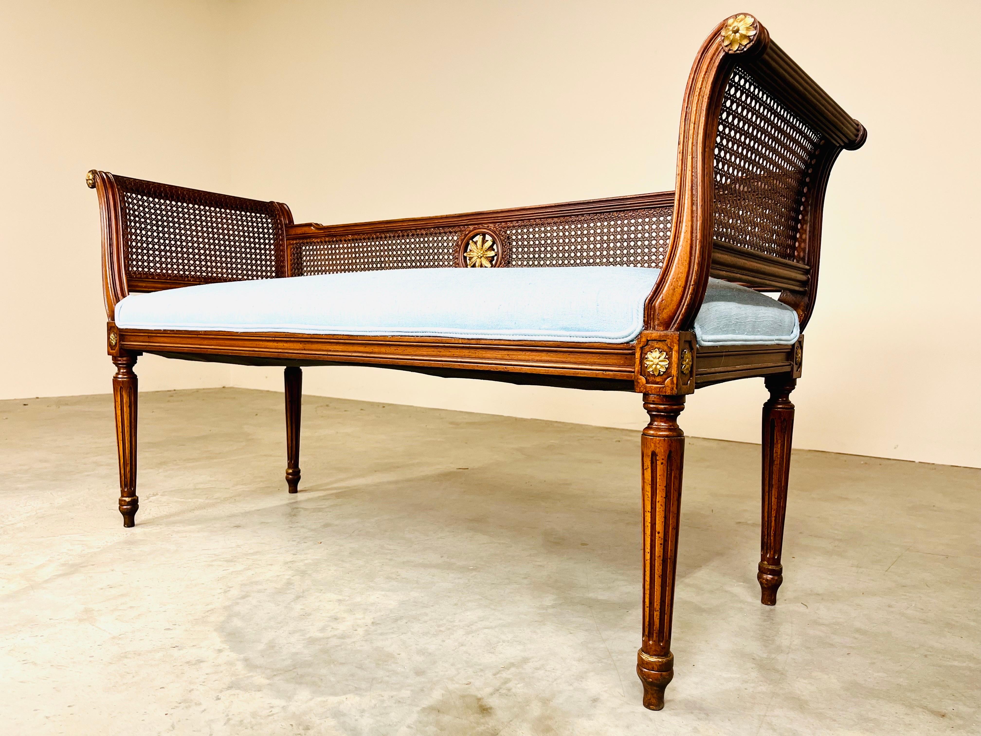 Louis XVI Style Caned Scroll Arm Window Bench with Gold Gilt Embellishments  5