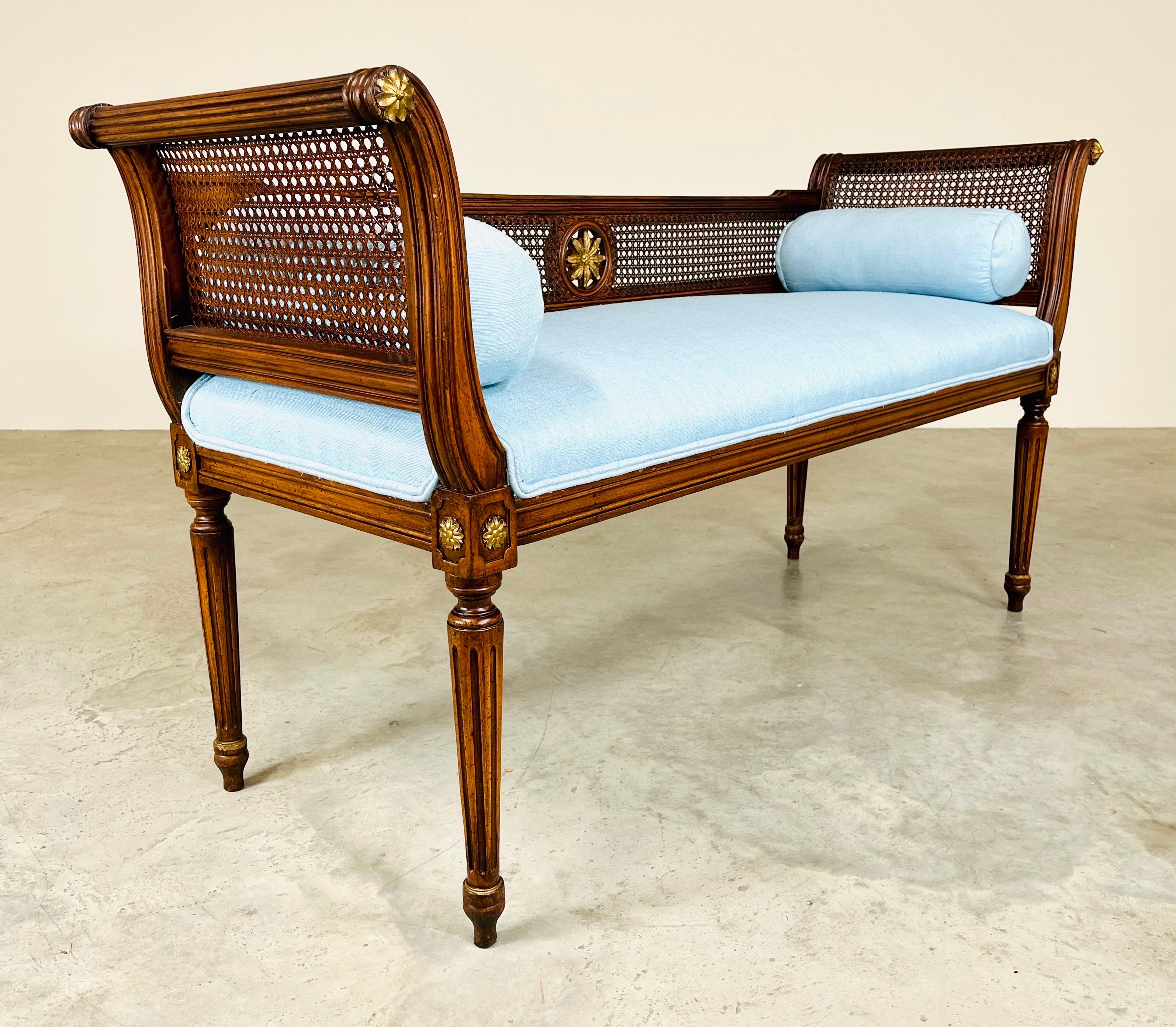American Louis XVI Style Caned Scroll Arm Window Bench with Gold Gilt Embellishments 