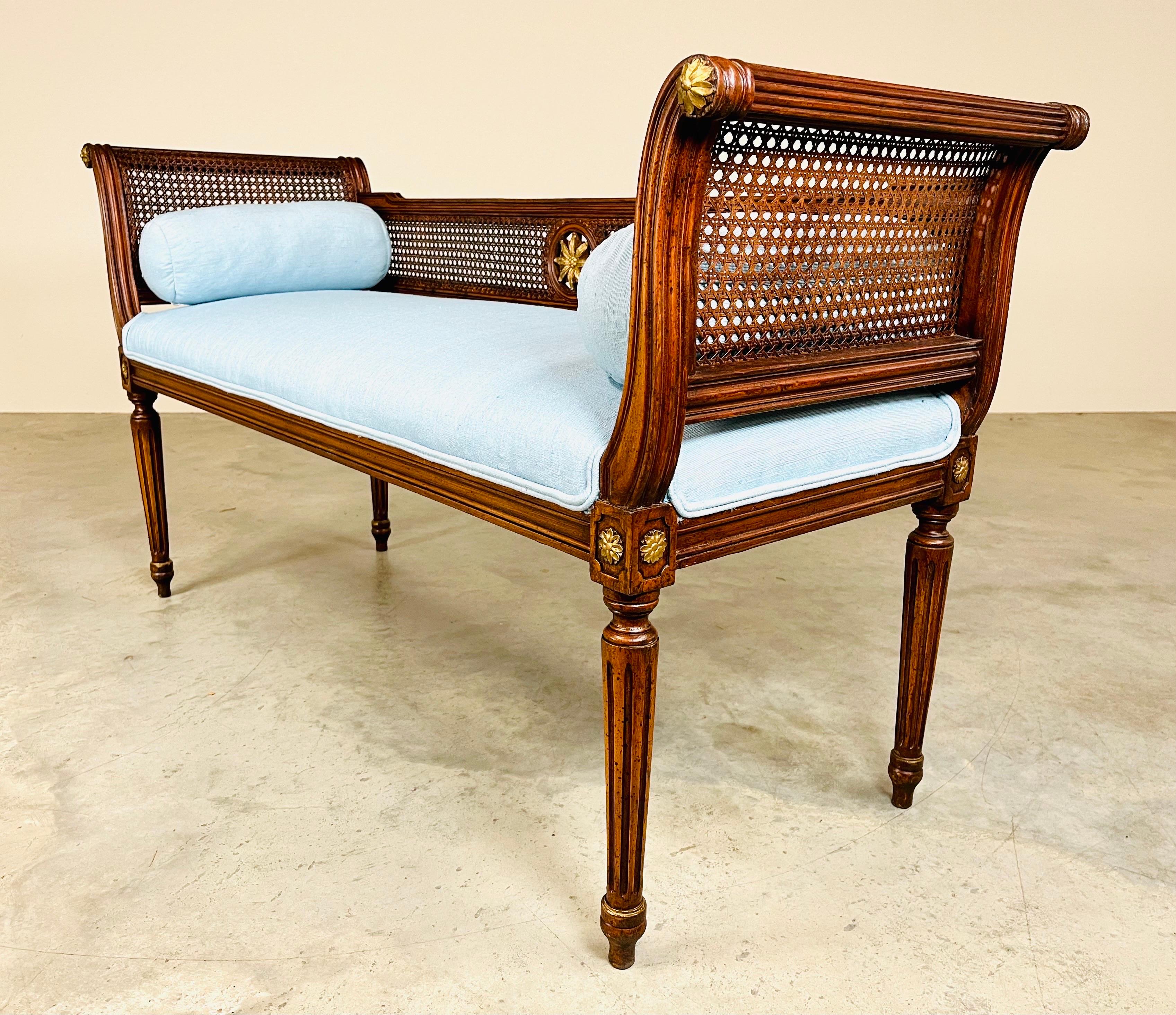 Caning Louis XVI Style Caned Scroll Arm Window Bench with Gold Gilt Embellishments