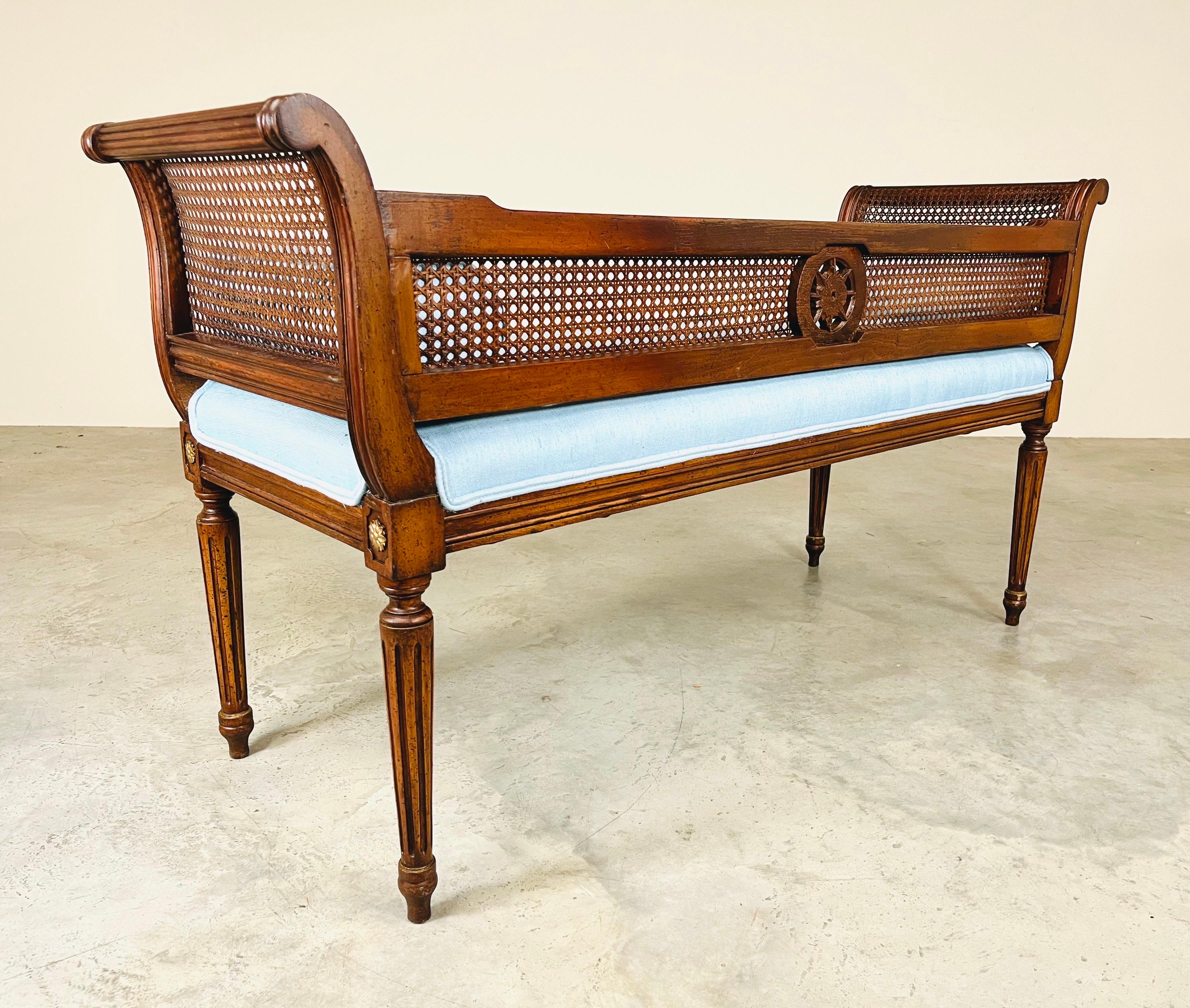 20th Century Louis XVI Style Caned Scroll Arm Window Bench with Gold Gilt Embellishments 