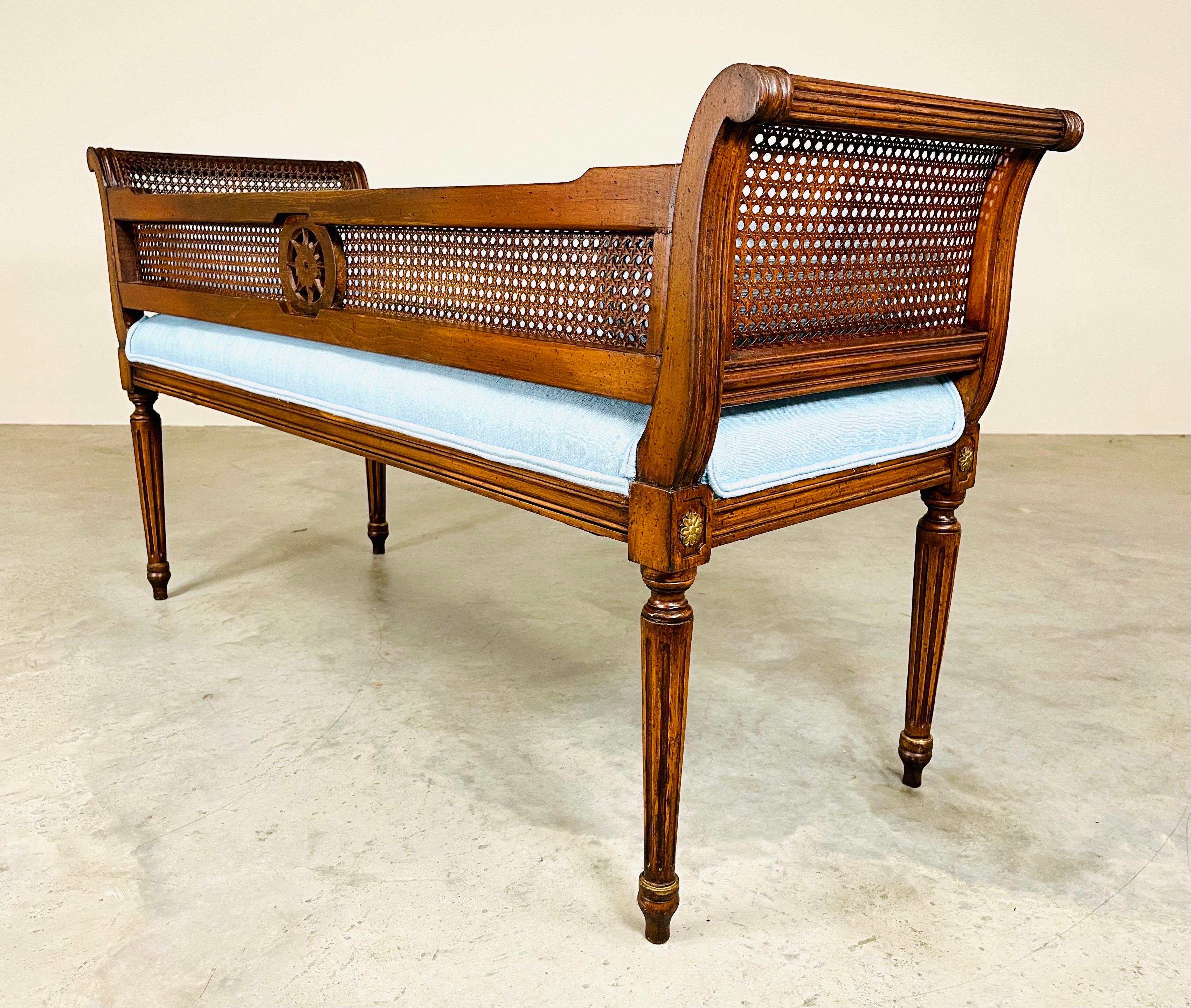 Silk Louis XVI Style Caned Scroll Arm Window Bench with Gold Gilt Embellishments 