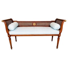 Louis XVI Style Caned Scroll Arm Window Bench with Gold Gilt Embellishments