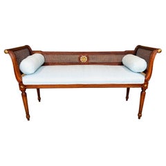 Louis XVI Style Caned Scroll Arm Window Bench with Gold Gilt Embellishments 