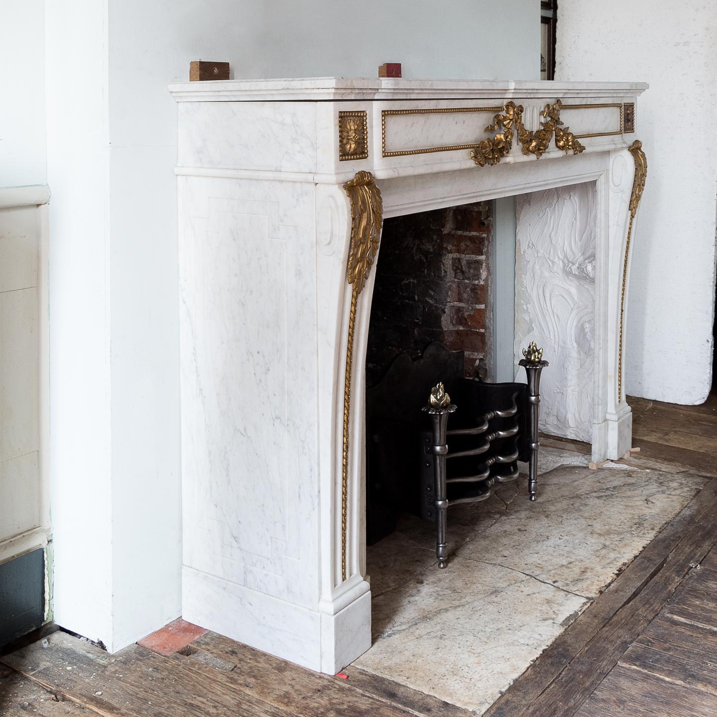 Louis XVI Style Carrara Marble and Ormolu Mounted Fireplace For Sale 10