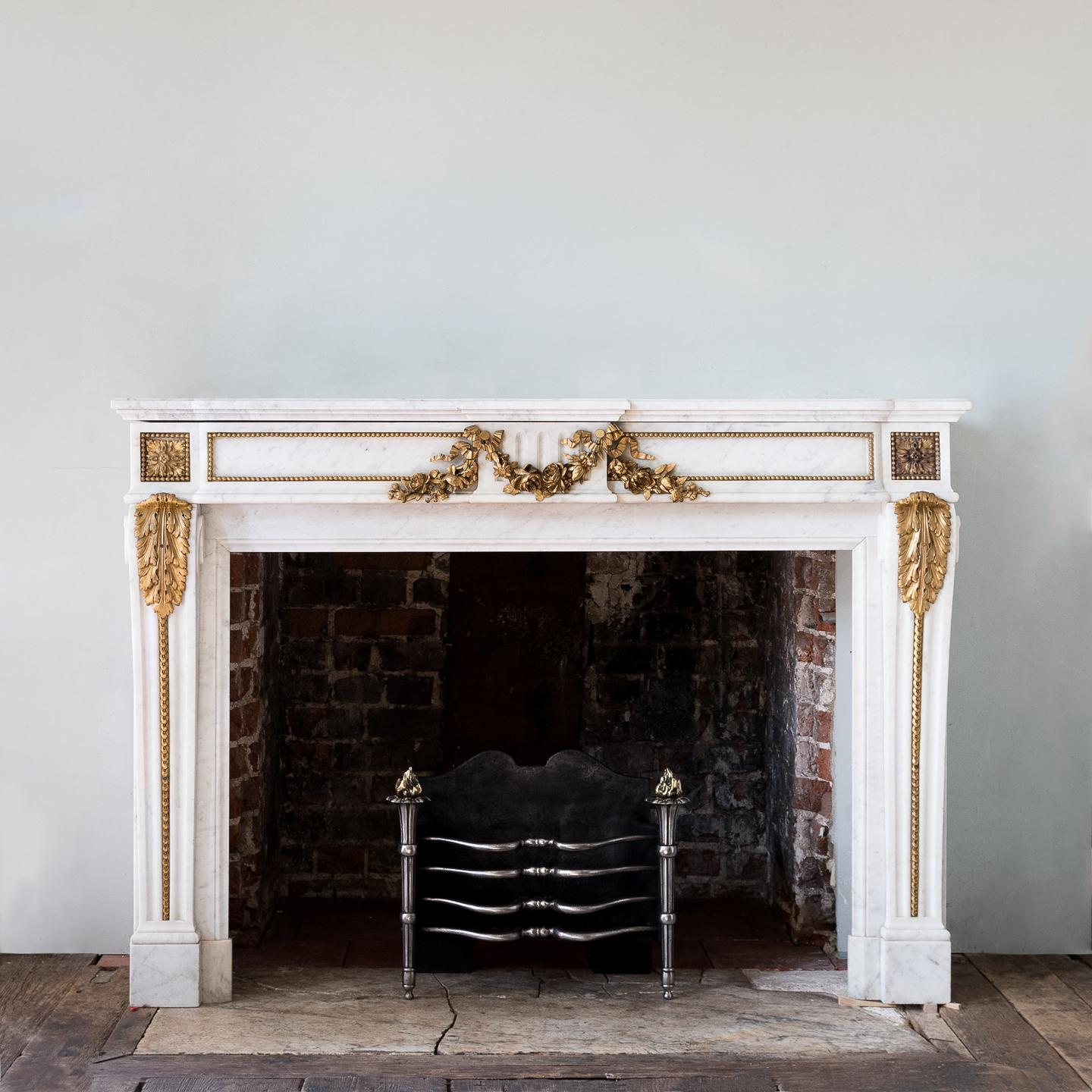 Louis XVI Style Carrara Marble and Ormolu Mounted Fireplace For Sale 15