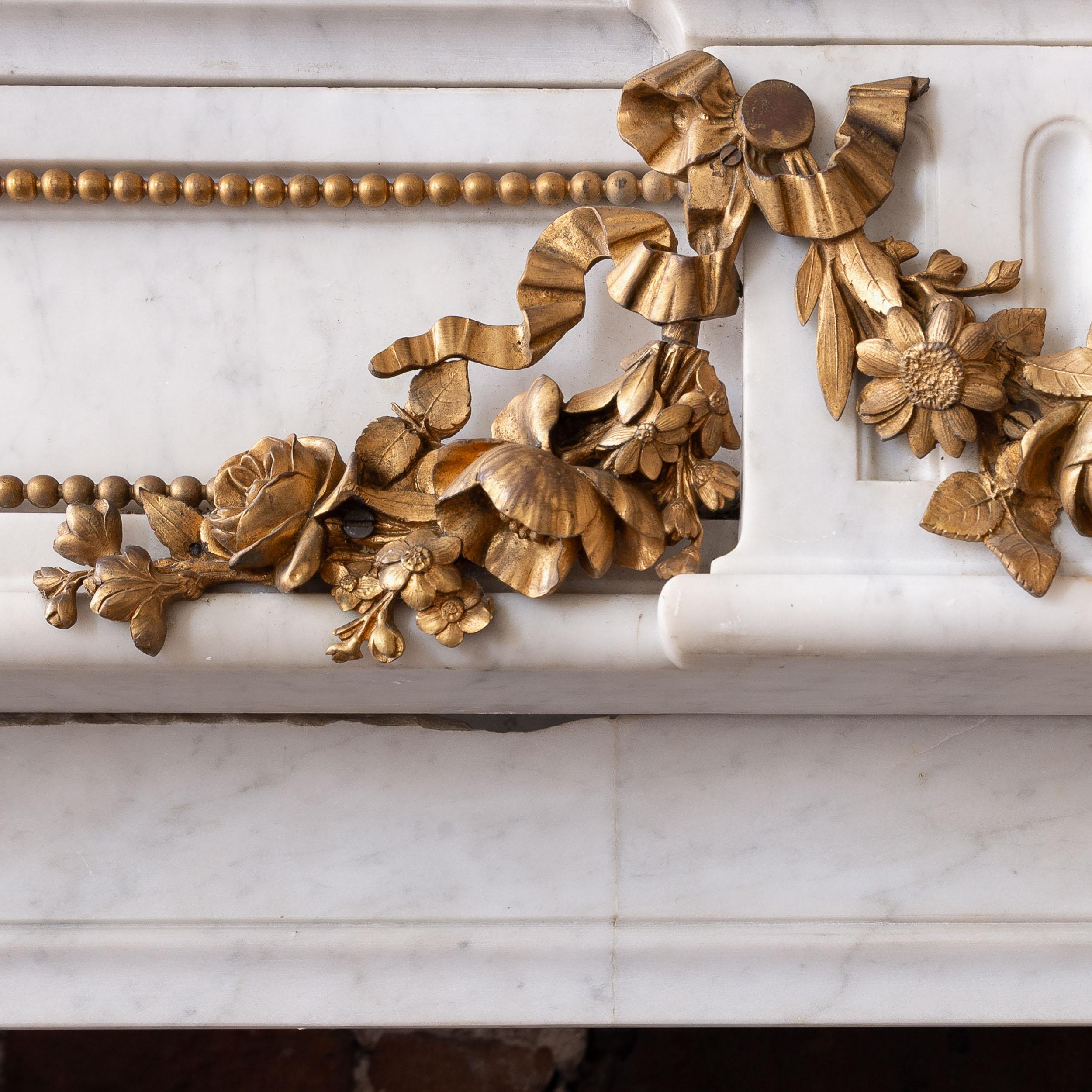 19th Century Louis XVI Style Carrara Marble and Ormolu Mounted Fireplace For Sale