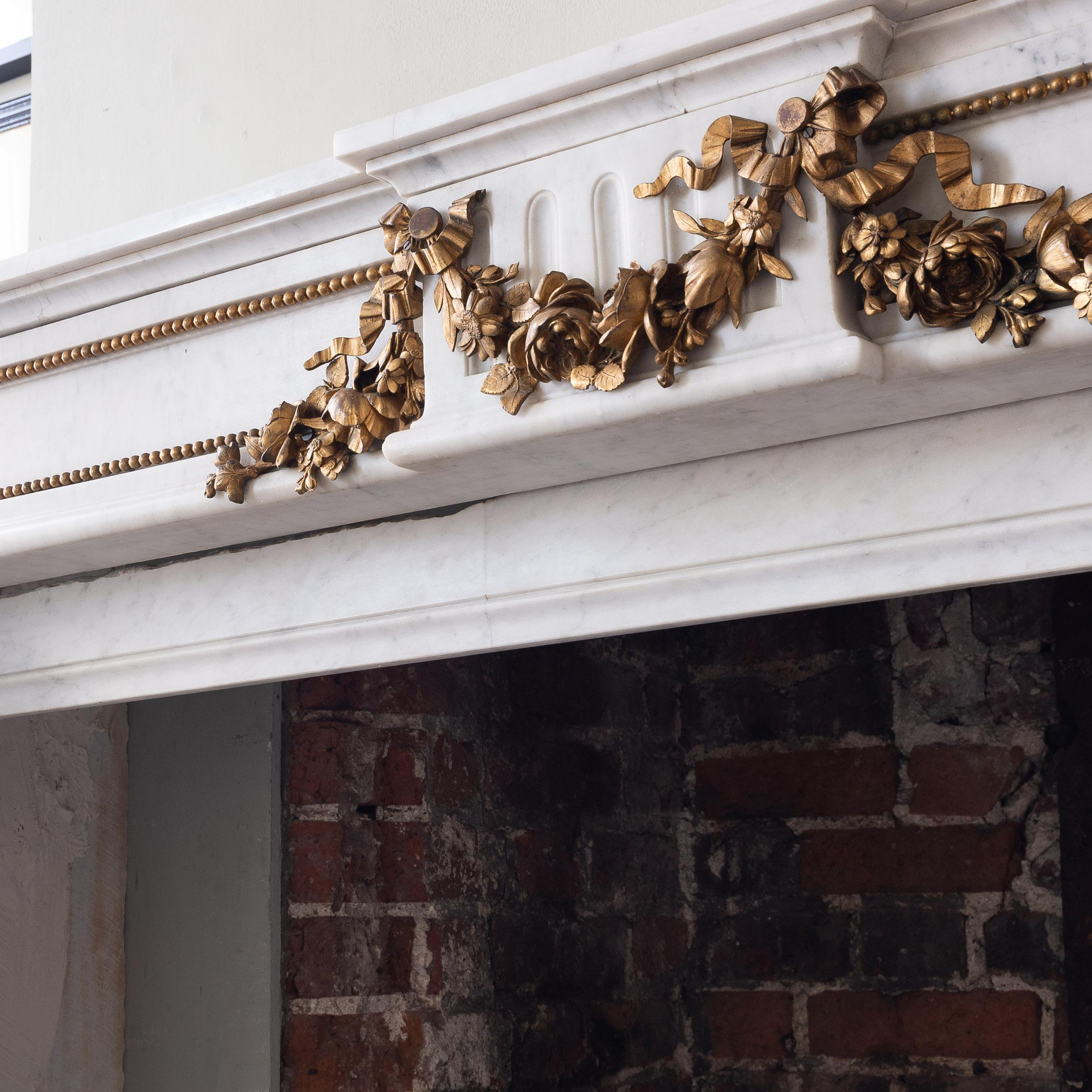Louis XVI Style Carrara Marble and Ormolu Mounted Fireplace For Sale 1