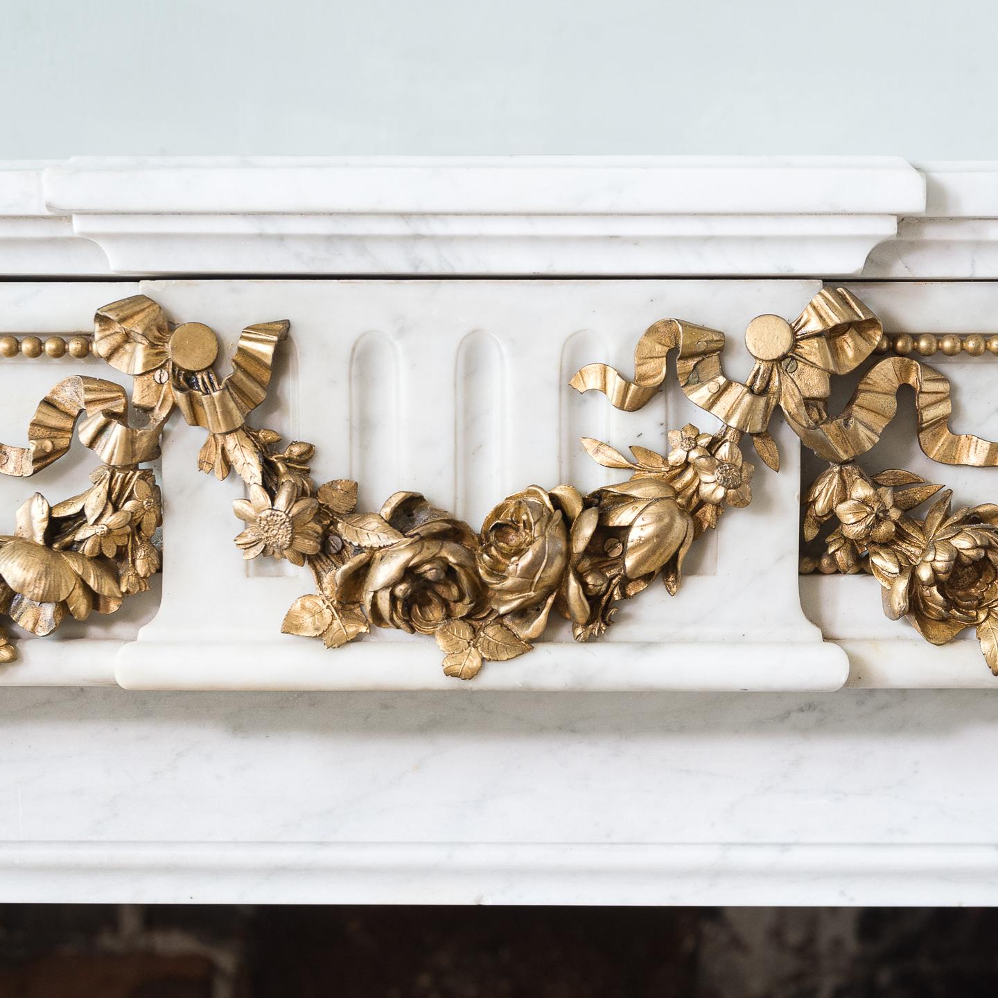 19th Century Louis XVI Style Carrara Marble and Ormolu Mounted Fireplace For Sale