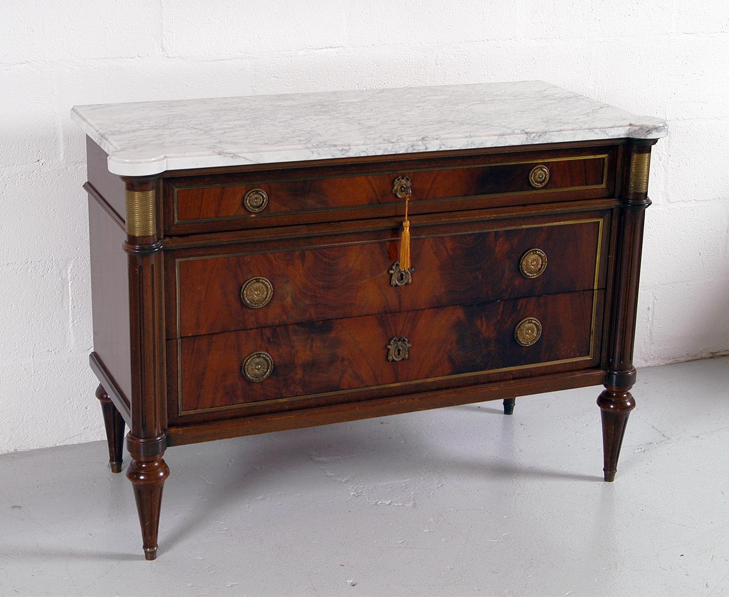 French Louis XVI Style Carrara Marble Brass Mounted Walnut Commode Chest of drawers