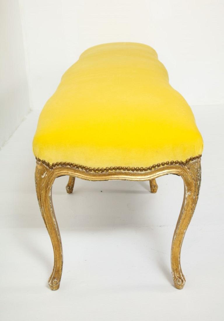 Louis XVI Style Carved and Gilded Bench with Yellow Velvet Top, c. 1930 6