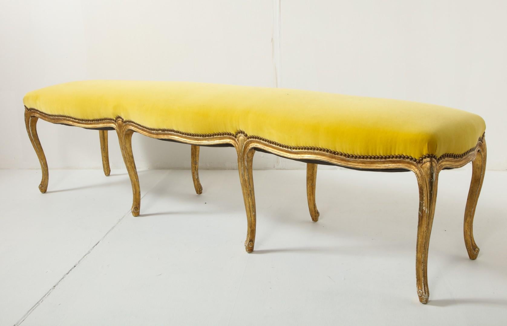 Mid-20th Century Louis XVI Style Carved and Gilded Bench with Yellow Velvet Top, c. 1930