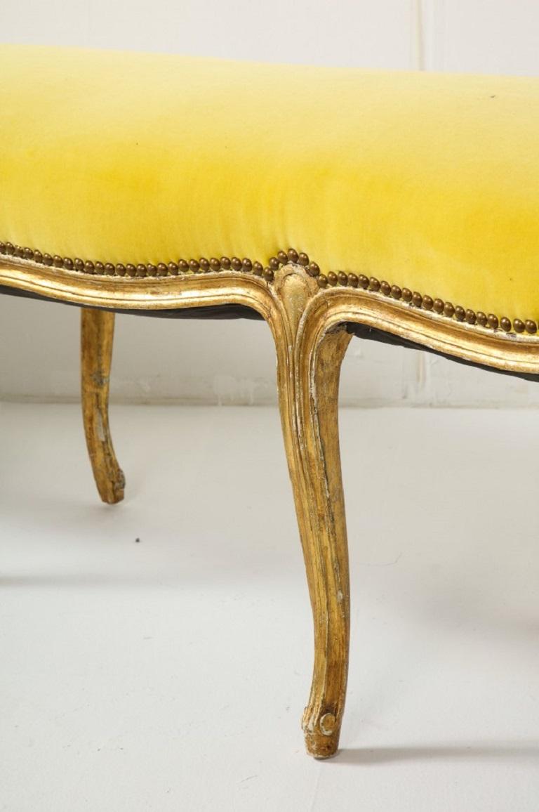 Louis XVI Style Carved and Gilded Bench with Yellow Velvet Top, c. 1930 1