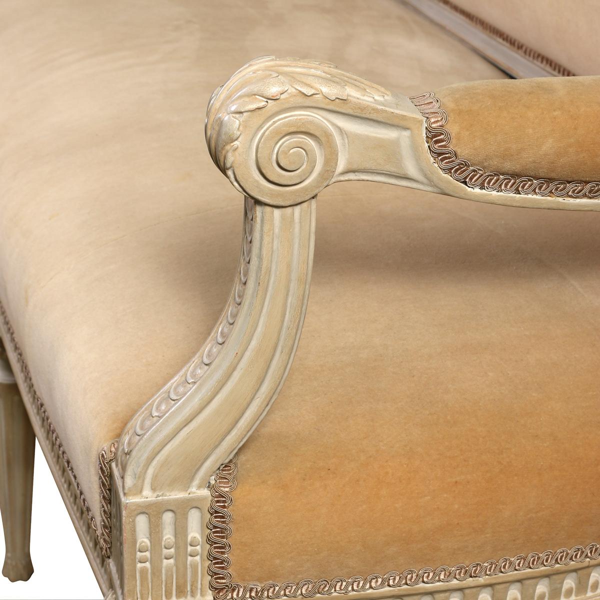 Hand-Painted Louis XVI Style Carved and Painted Mahogany Settee