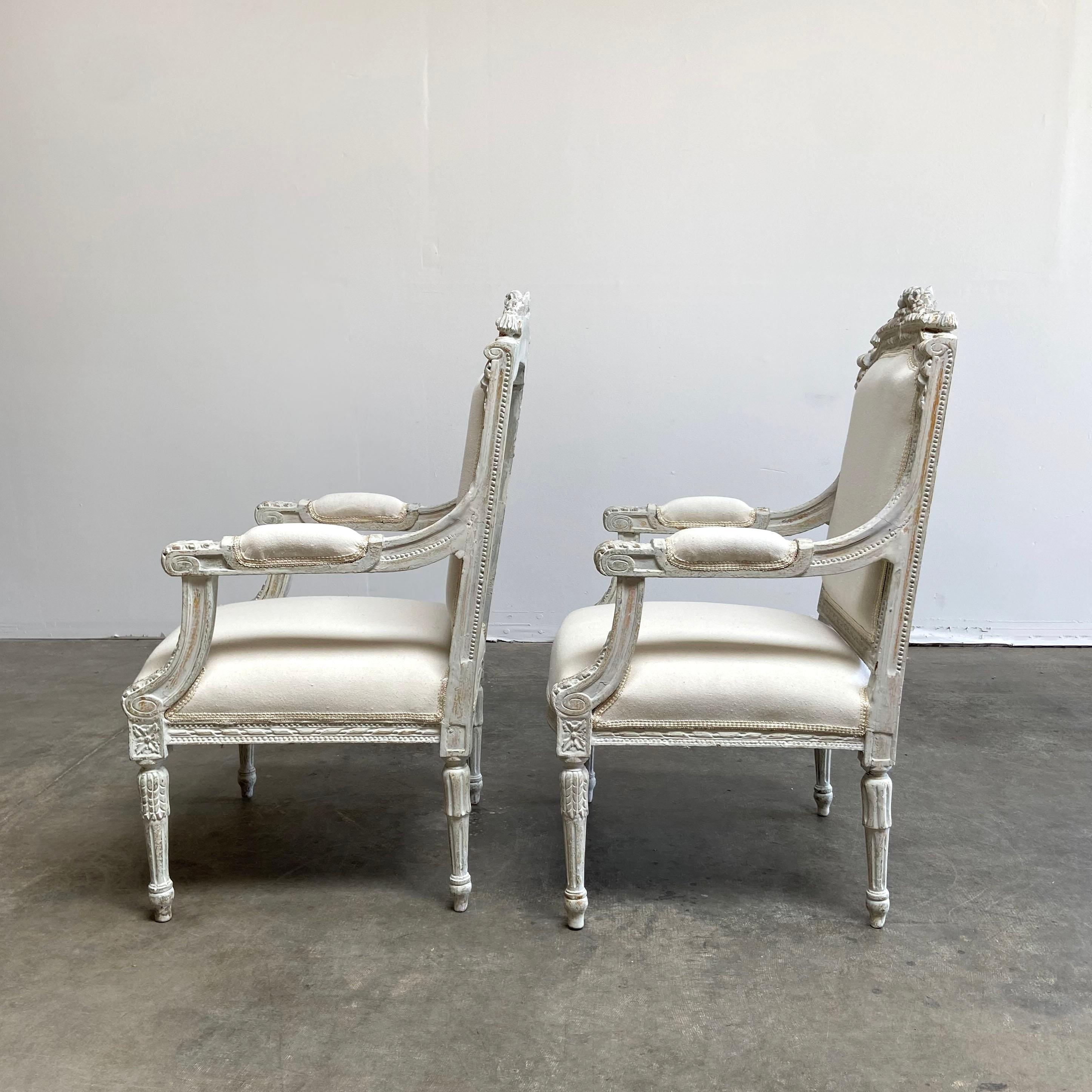 Louis XVI Style Carved and Painted Open Arm Chairs In Good Condition In Brea, CA