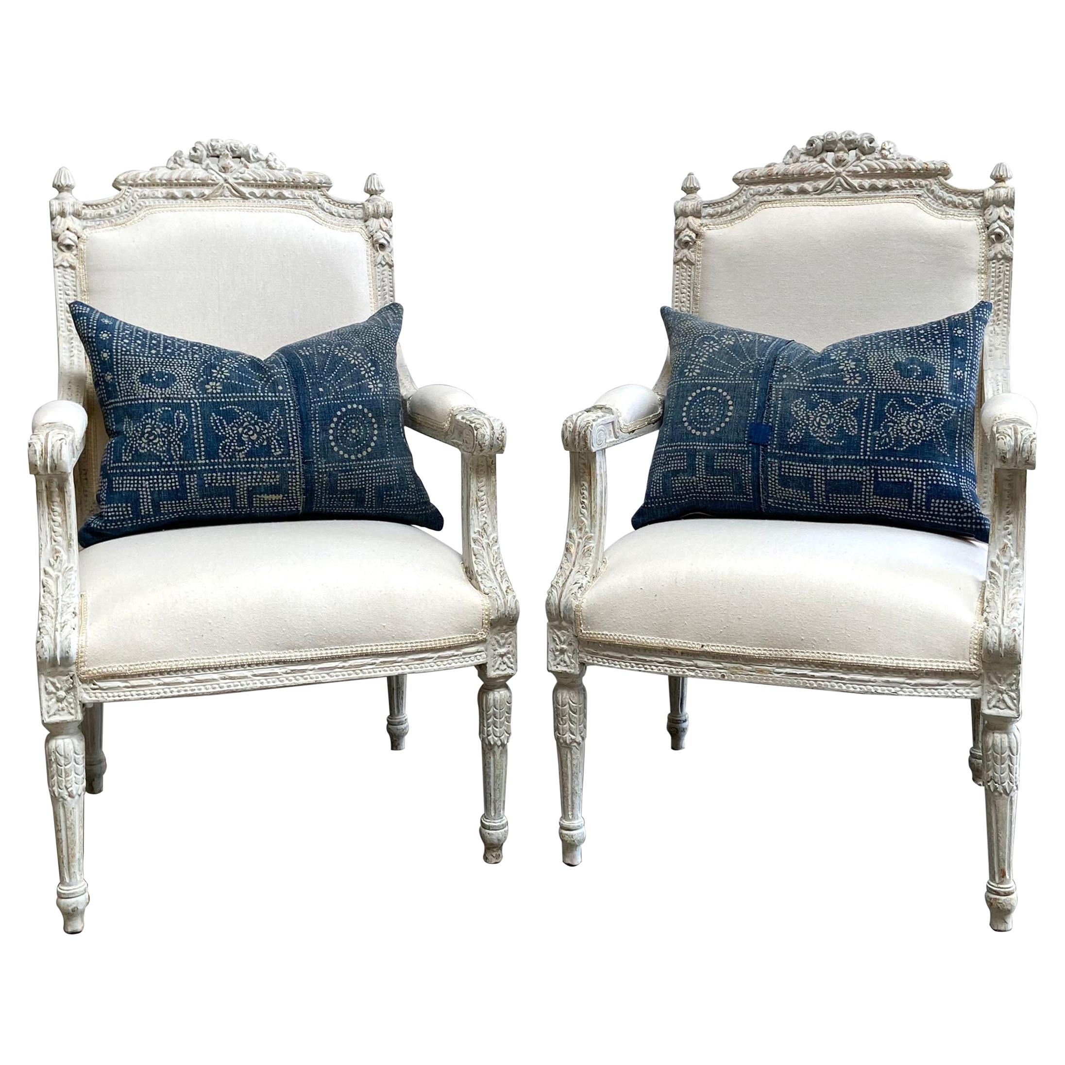 Louis XVI Style Carved and Painted Open Arm Chairs