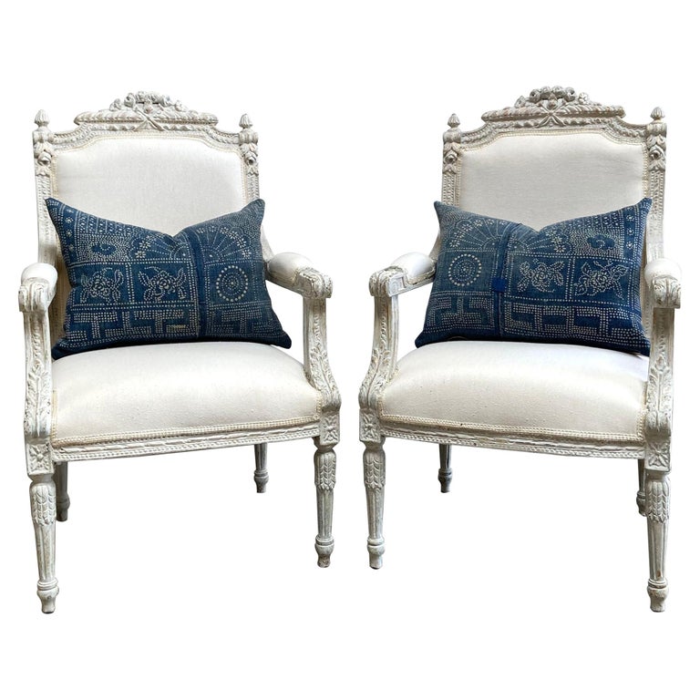 Louis XVI Style Carved and Painted Open Arm Chairs For Sale