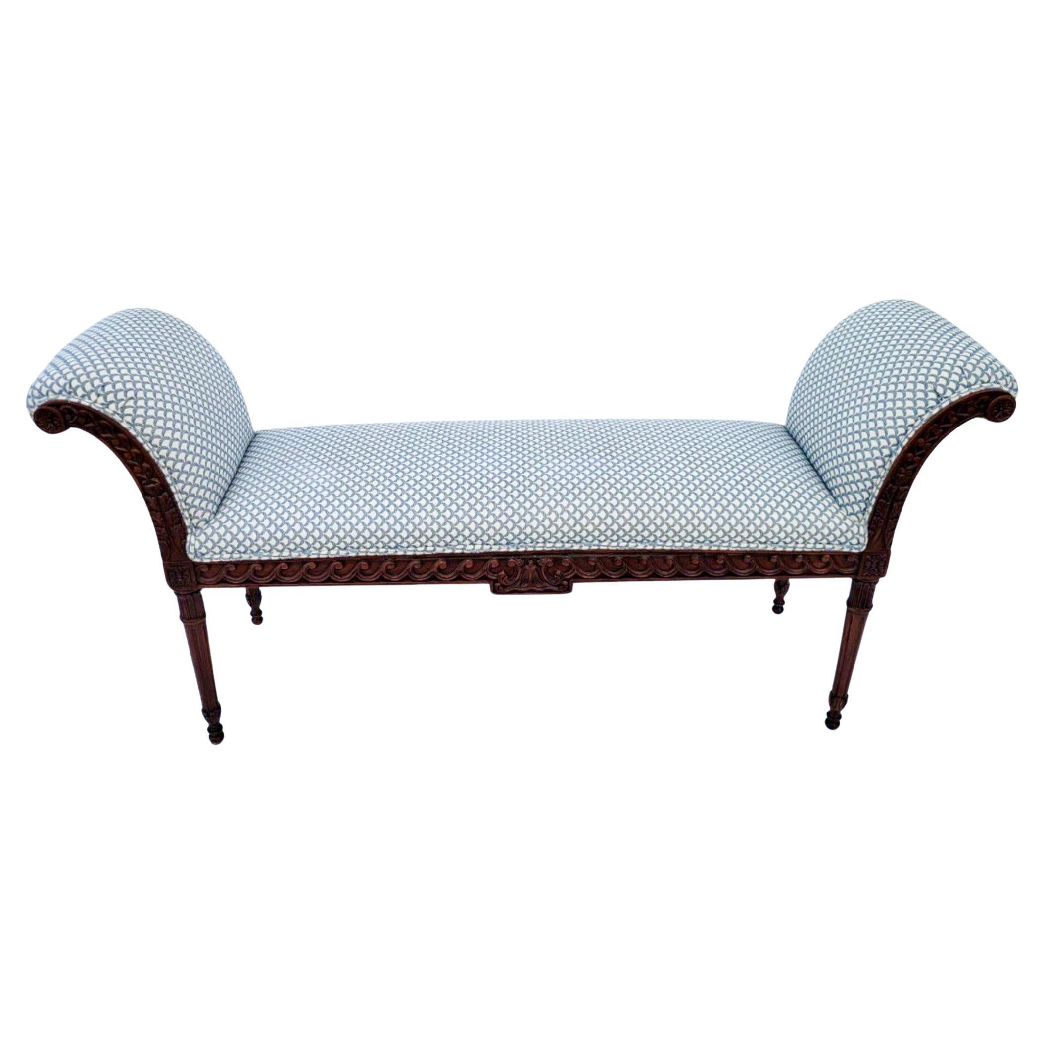 Louis XVI Style Carved Fruitwood Roll Arm Bench For Sale