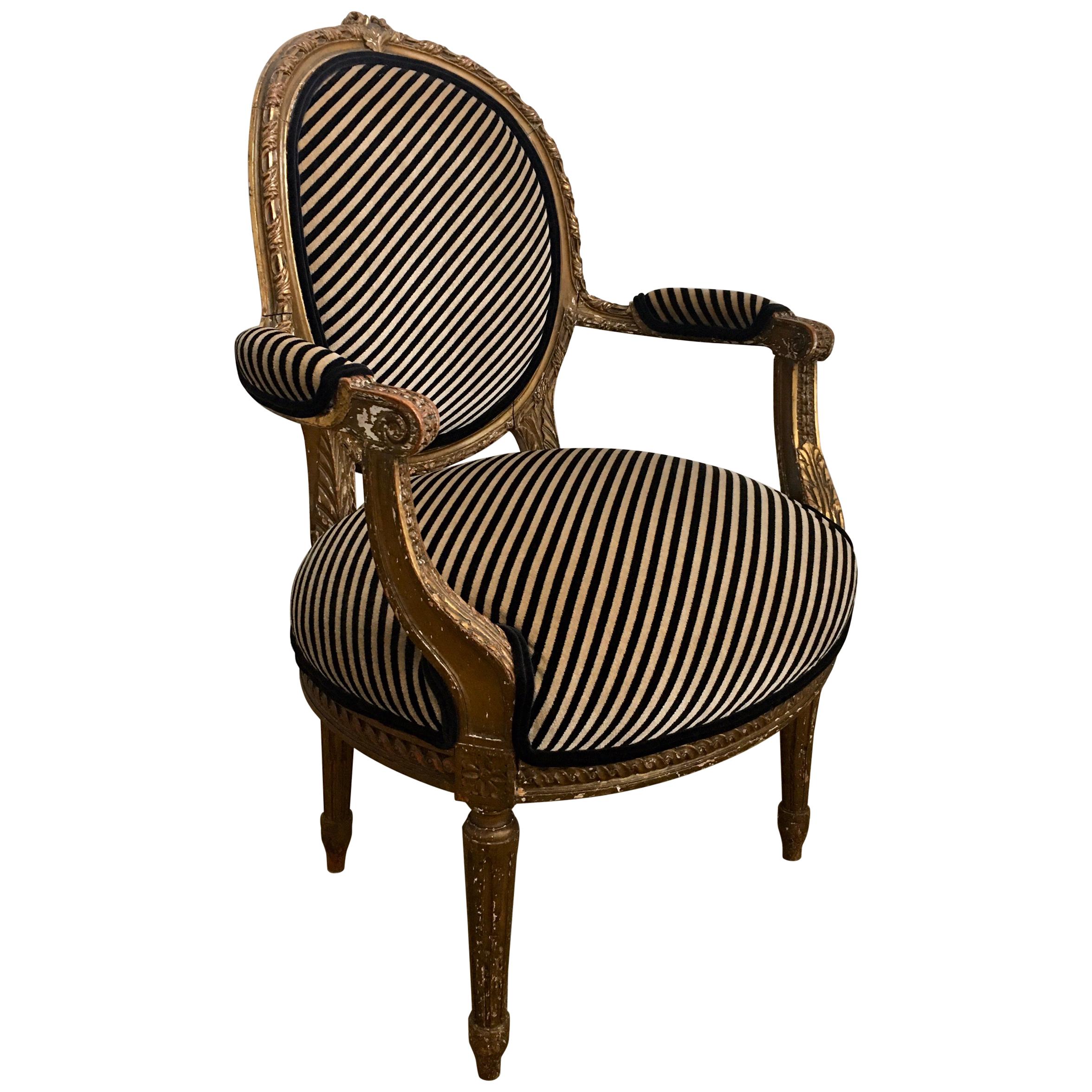 Louis XVI Style Carved Giltwood Fauteuil Armchair with Modern Stripe Upholstery
