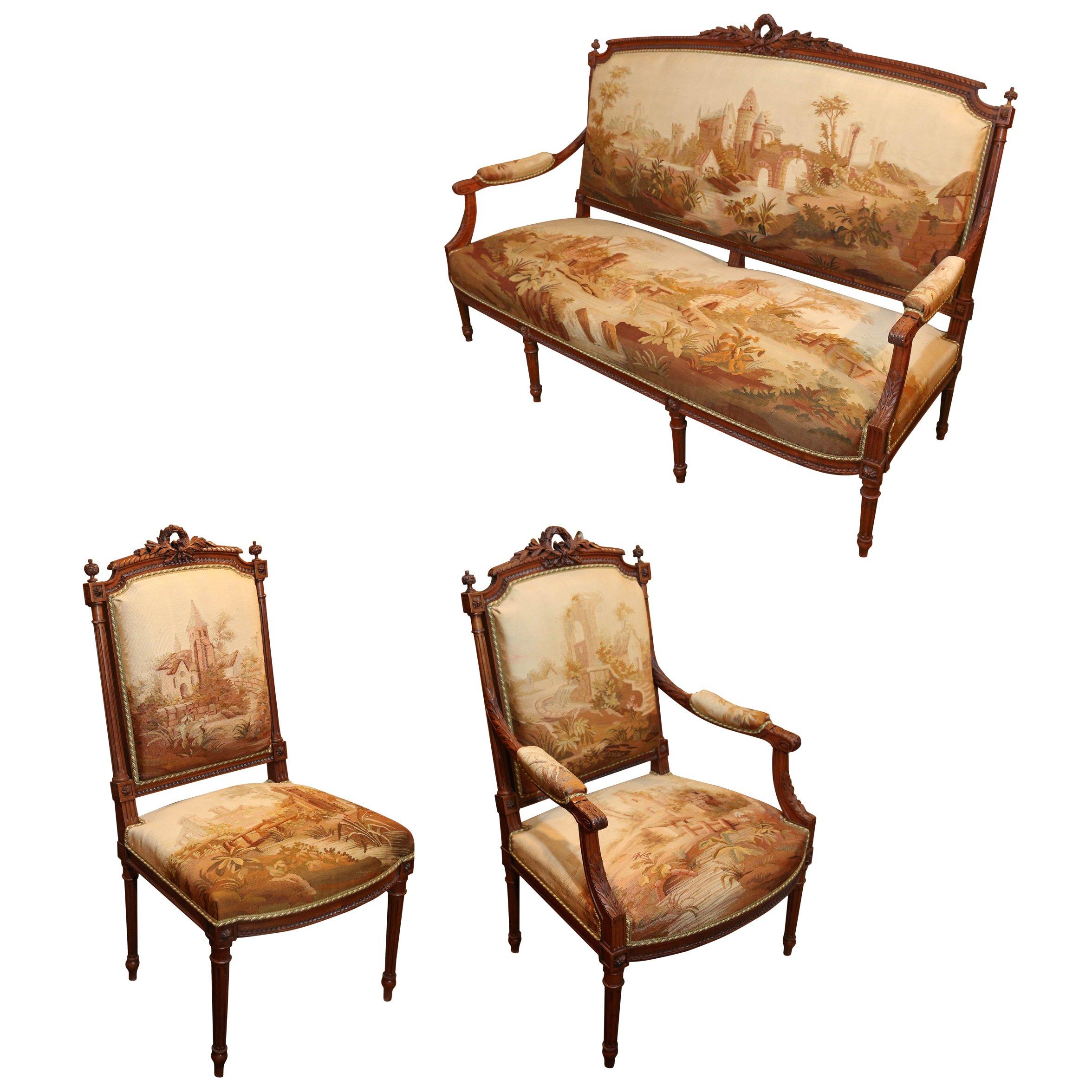 Louis XVI Style Carved Mahogany  tapestry Upholstered parlor suite, 6 pieces For Sale