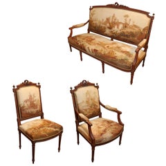 Antique Louis XVI Style Carved Mahogany  tapestry Upholstered parlor suite, 6 pieces