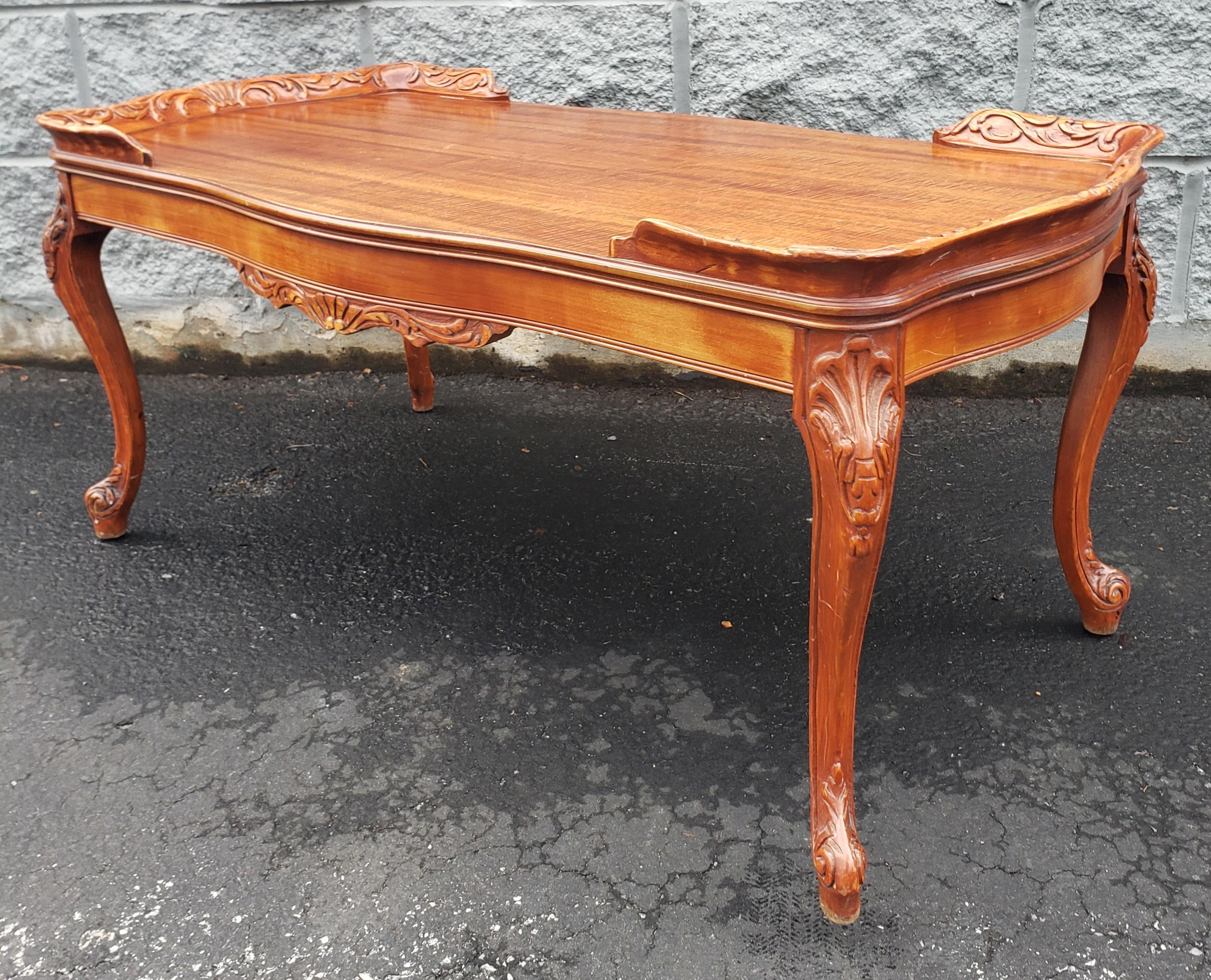 Hand-Carved Louis XVI Style Carved Mahogany Cocktail Table with Solid Mahogany Gallery For Sale