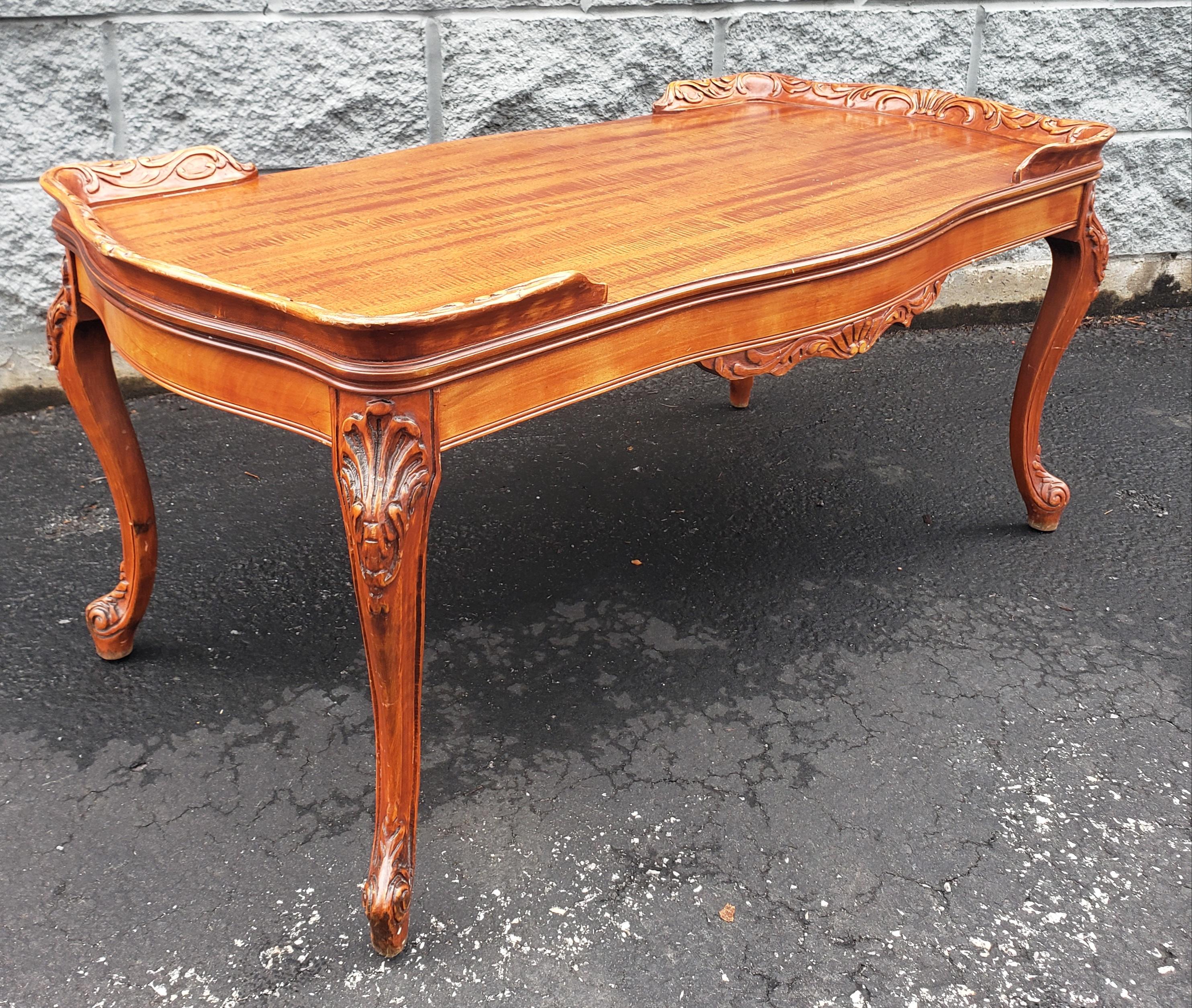 Louis XVI Style Carved Mahogany Cocktail Table with Solid Mahogany Gallery In Good Condition For Sale In Germantown, MD
