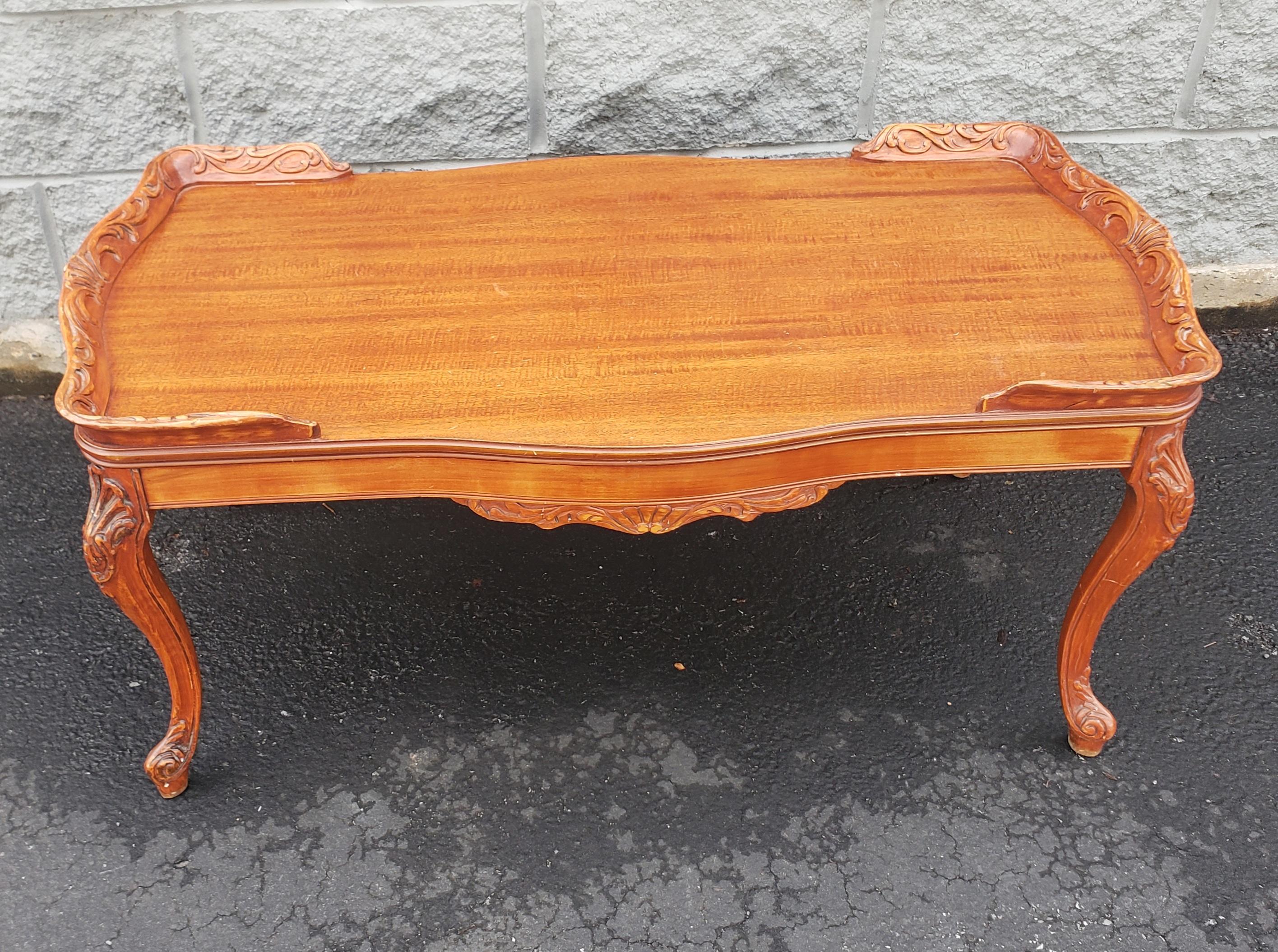 20th Century Louis XVI Style Carved Mahogany Cocktail Table with Solid Mahogany Gallery For Sale