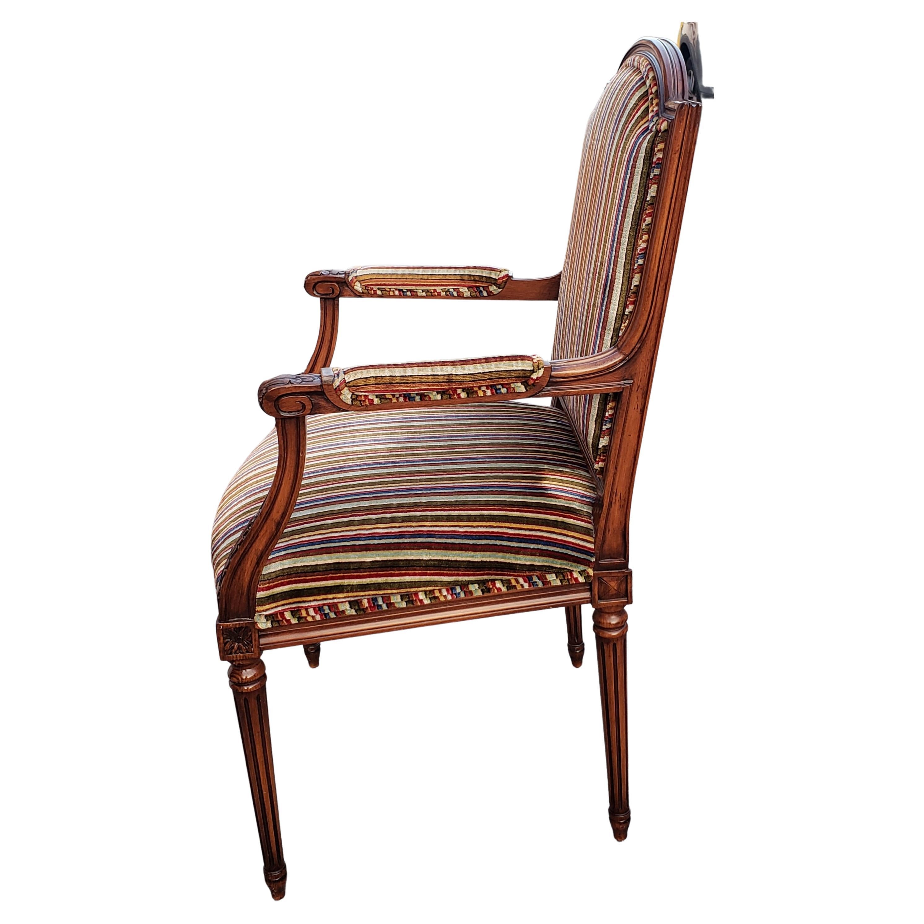 American Louis XVI Style Carved Mahogany Striped Upholstered Arm Chair For Sale
