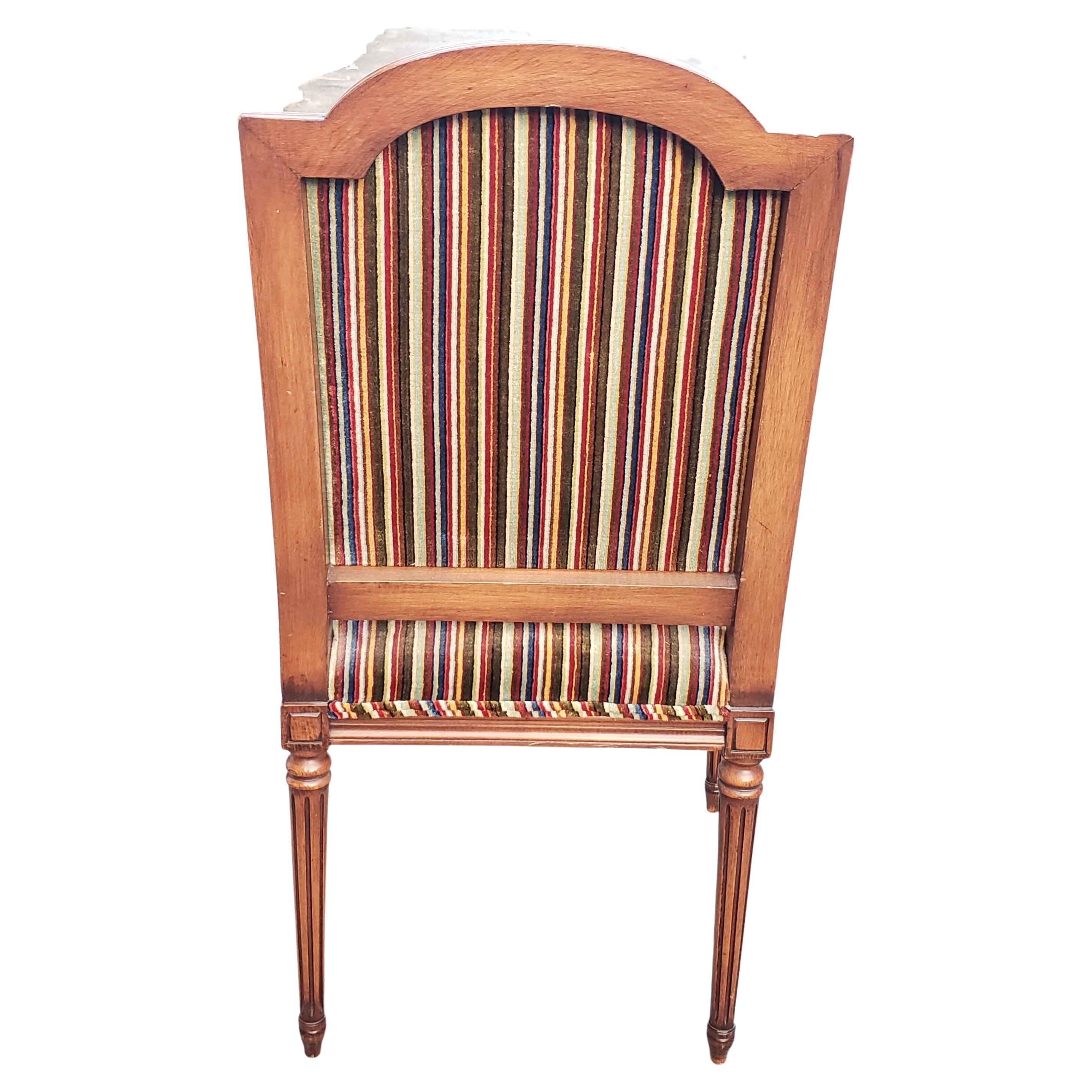 Hand-Carved Louis XVI Style Carved Mahogany Striped Upholstered Arm Chair For Sale