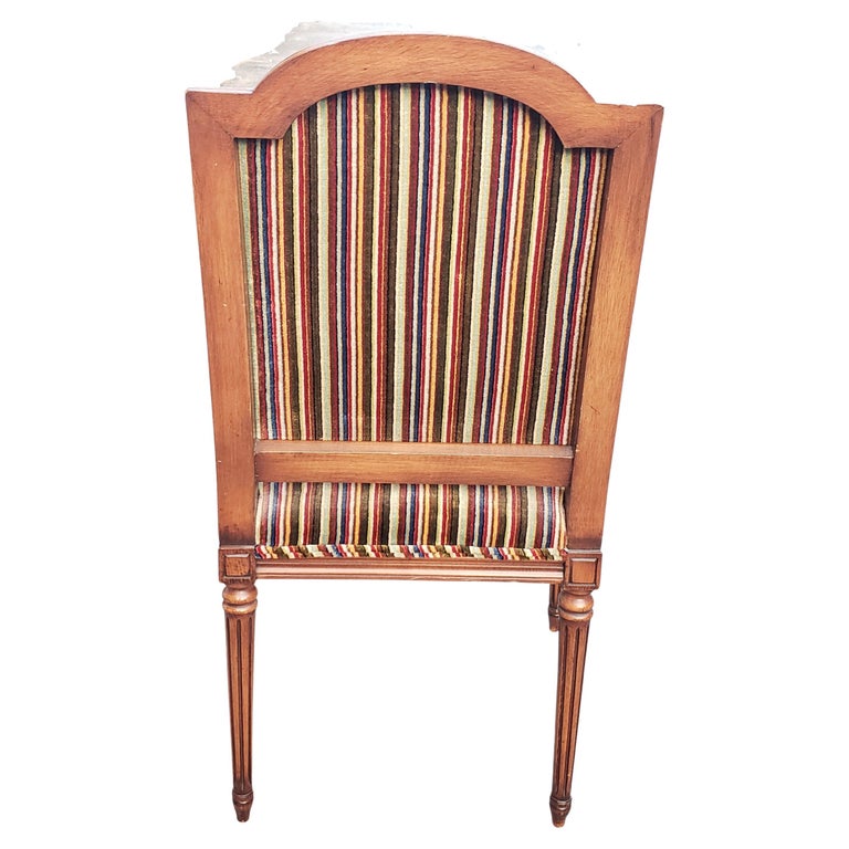 Louis XVI Style Carved Mahogany Striped Upholstered Arm Chair In Good Condition For Sale In Germantown, MD
