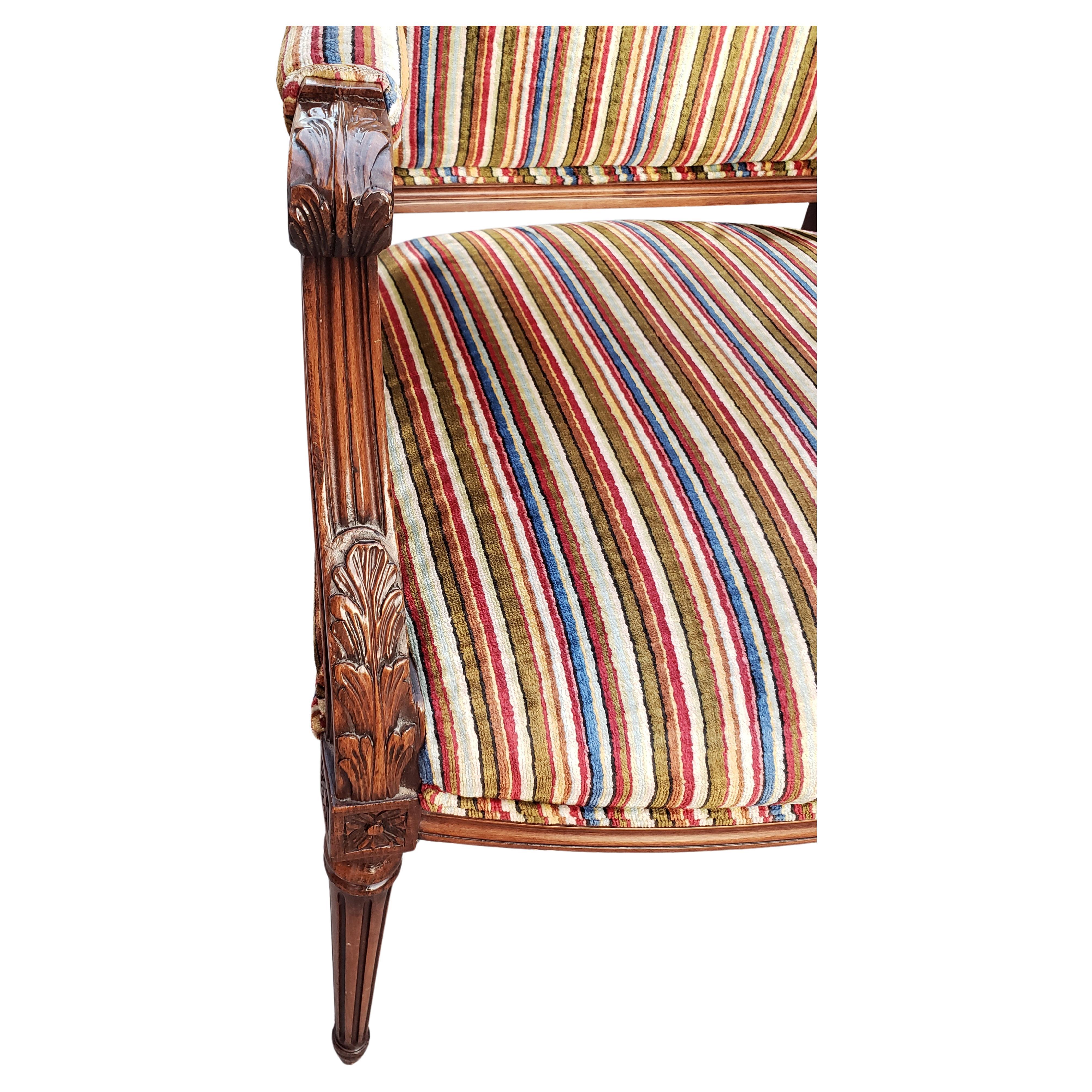 Louis XVI Style Carved Mahogany Striped Upholstered Arm Chair In Good Condition For Sale In Germantown, MD