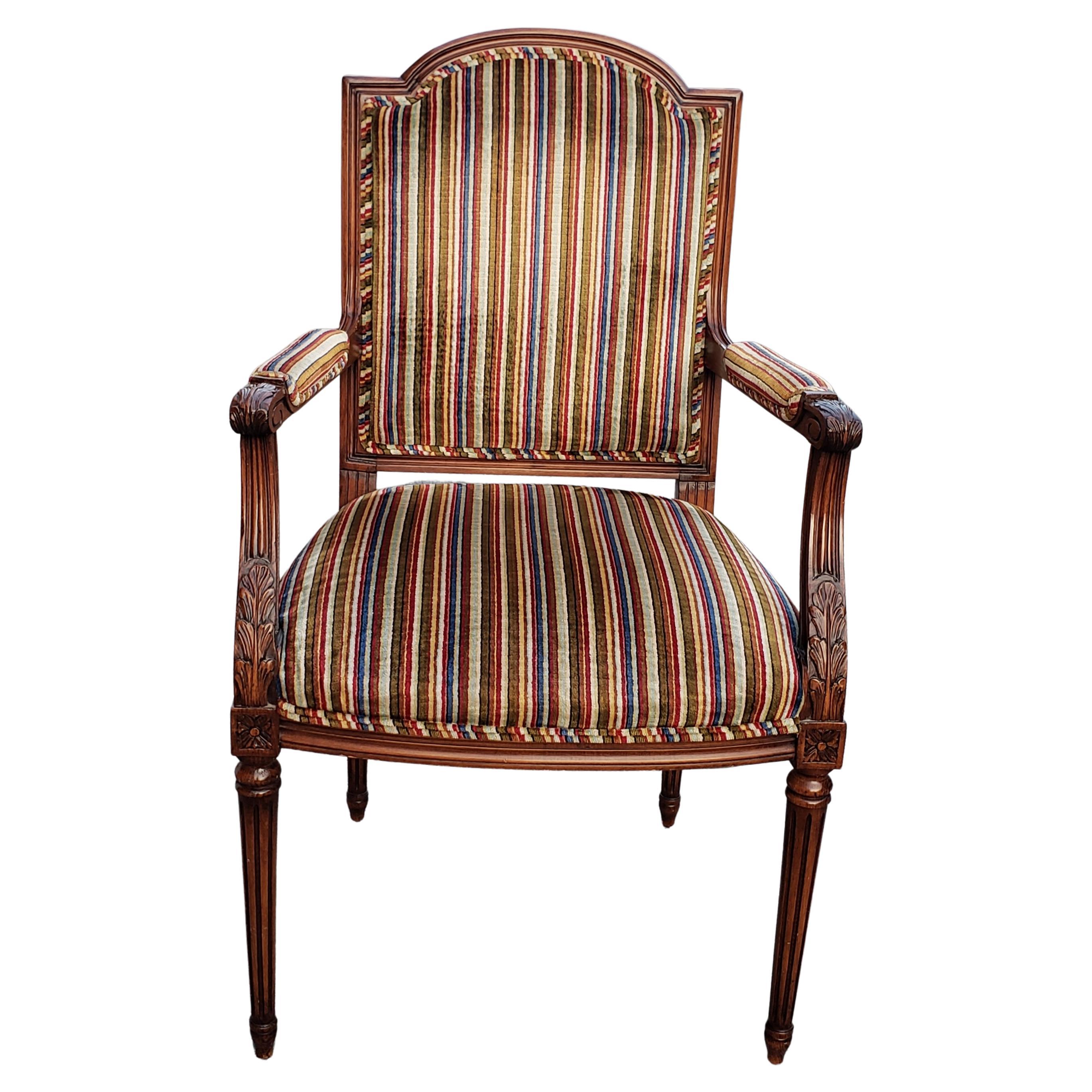 Louis XVI Style Carved Mahogany Striped Upholstered Arm Chair