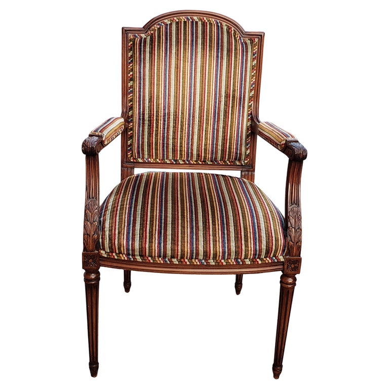 Louis XVI Style Carved Mahogany Striped Upholstered Arm Chair For Sale
