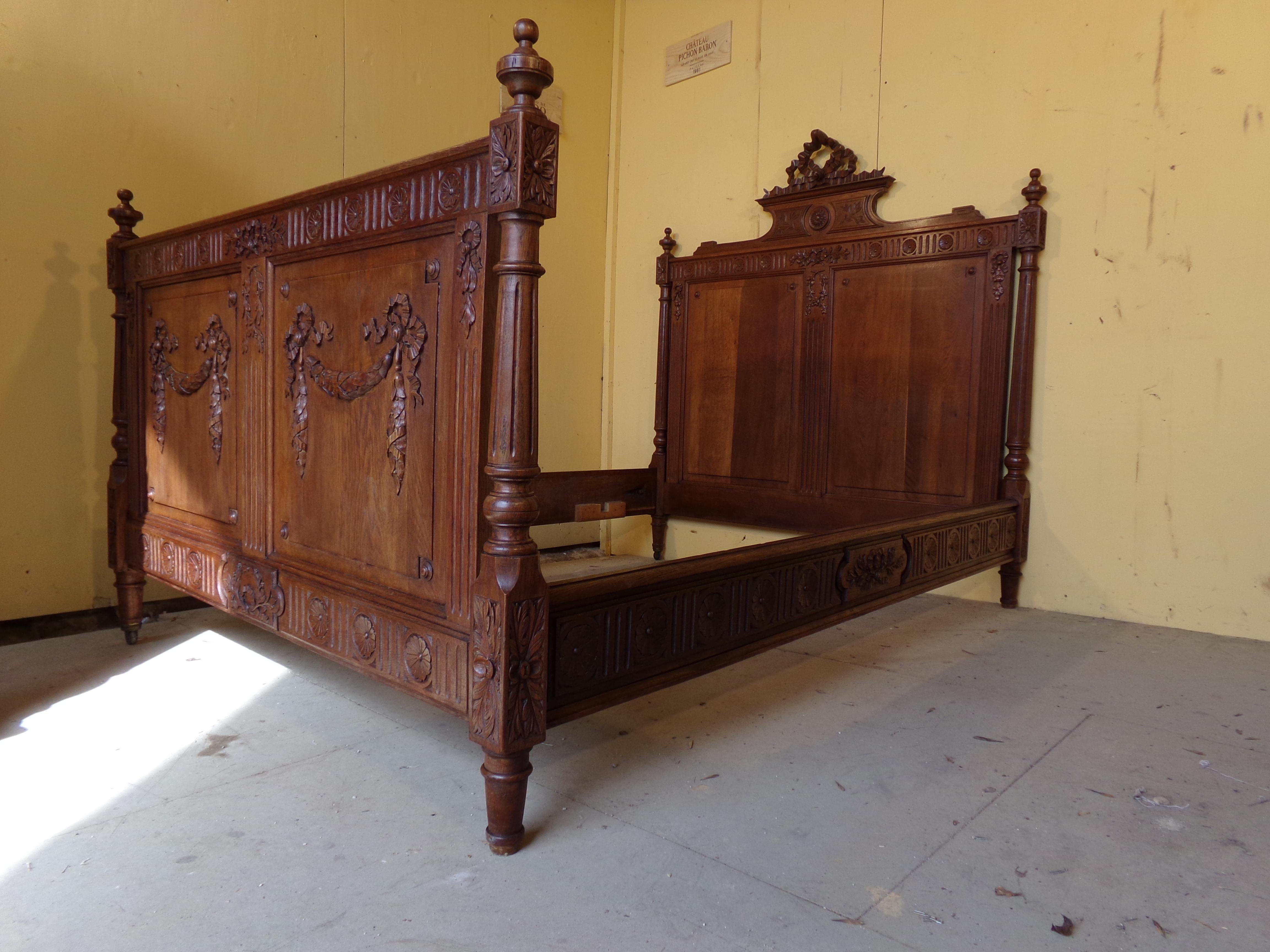 French Louis XVI Style Carved Oak Bed, circa 1890 For Sale