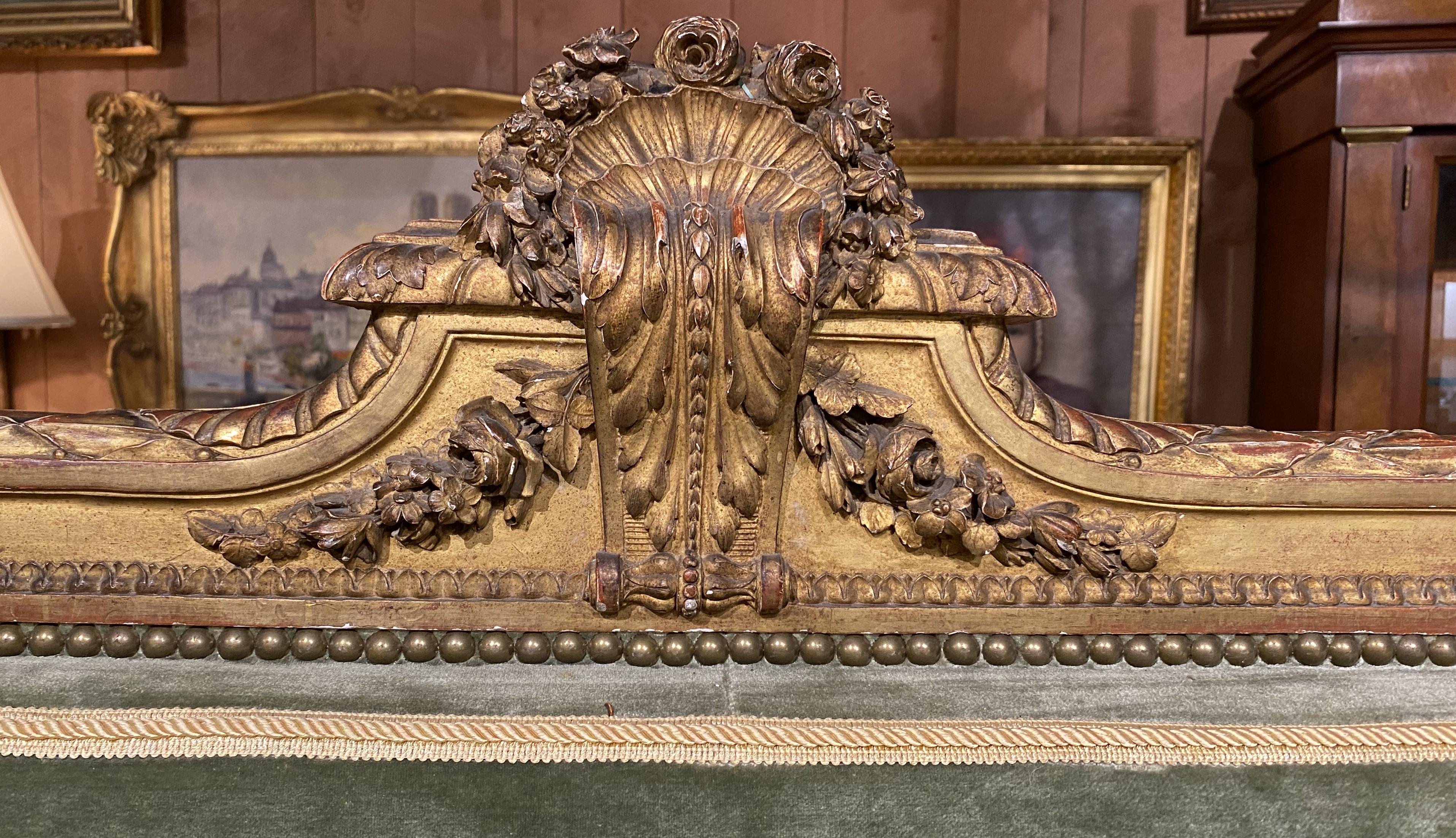 French Louis XVI Style Carved, Painted, and Giltwood Upholstered Settee 