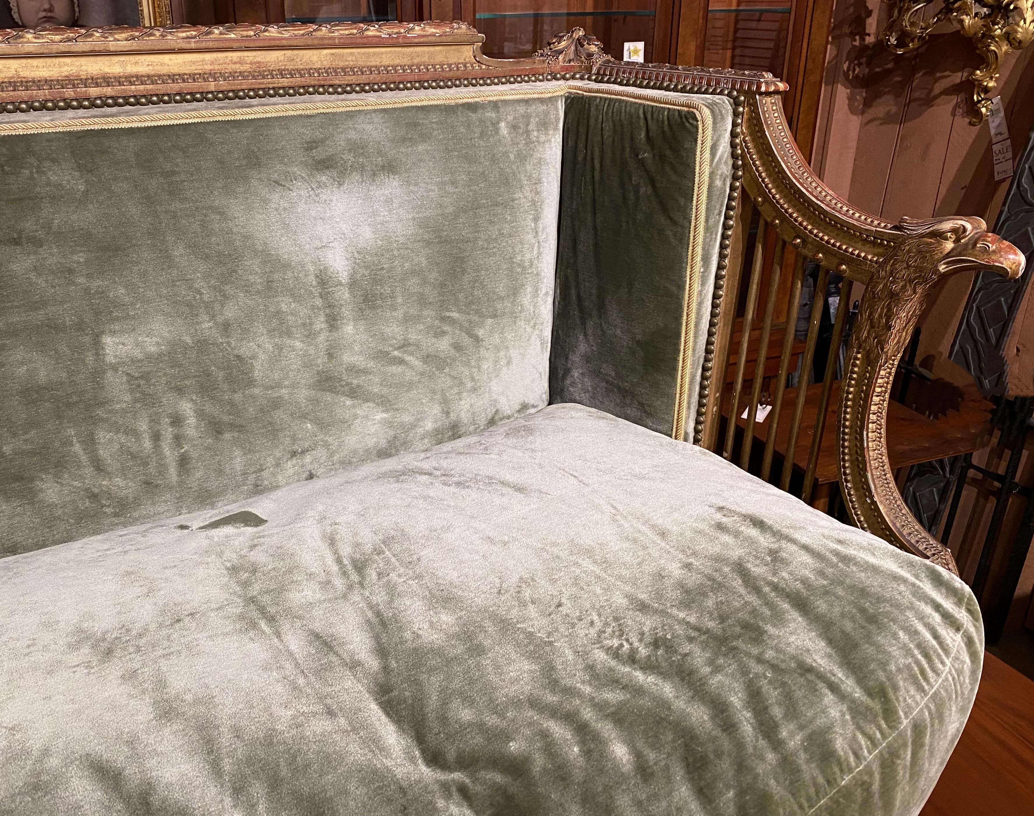 Louis XVI Style Carved, Painted, and Giltwood Upholstered Settee  In Good Condition In Milford, NH