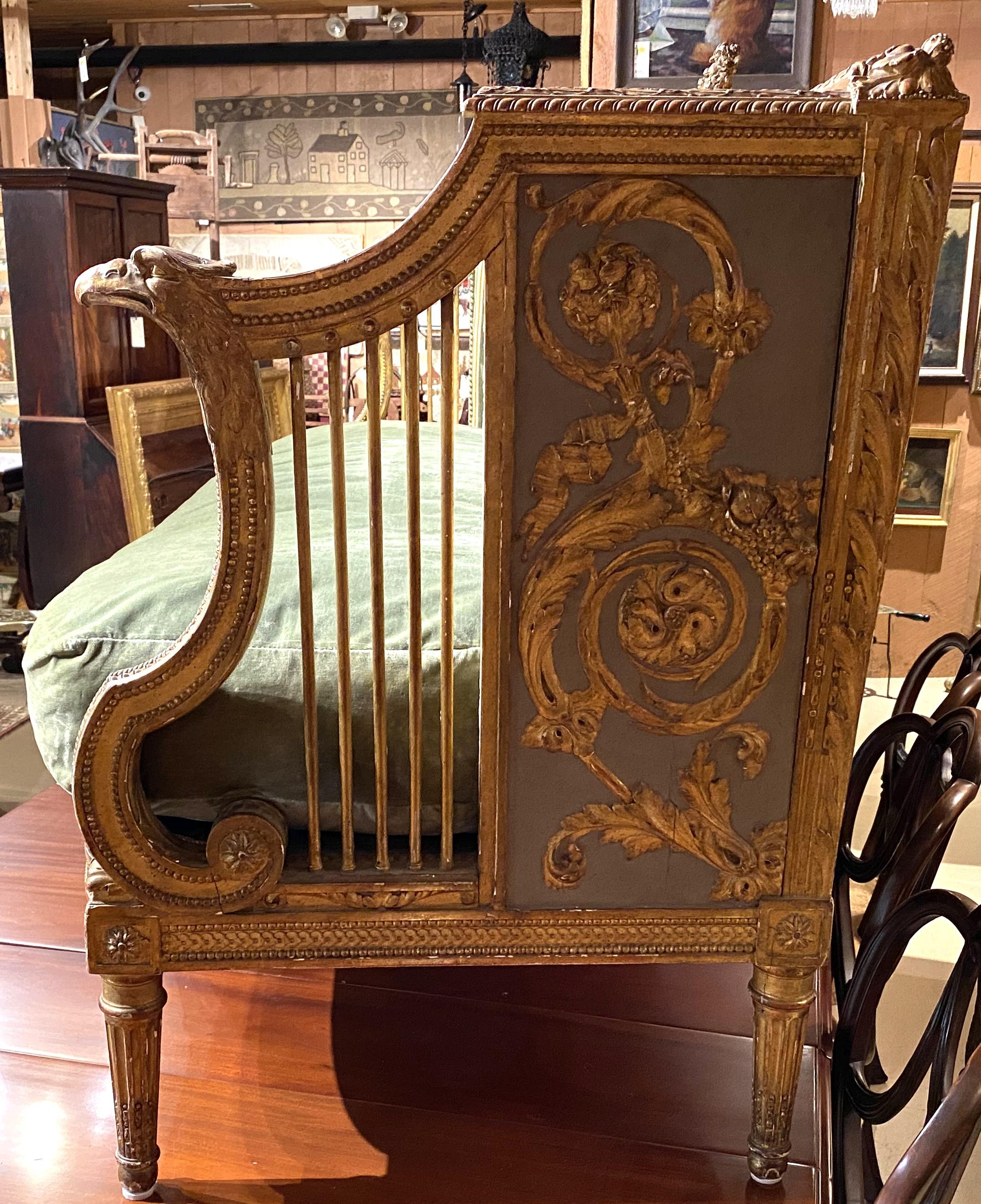 19th Century Louis XVI Style Carved, Painted, and Giltwood Upholstered Settee 