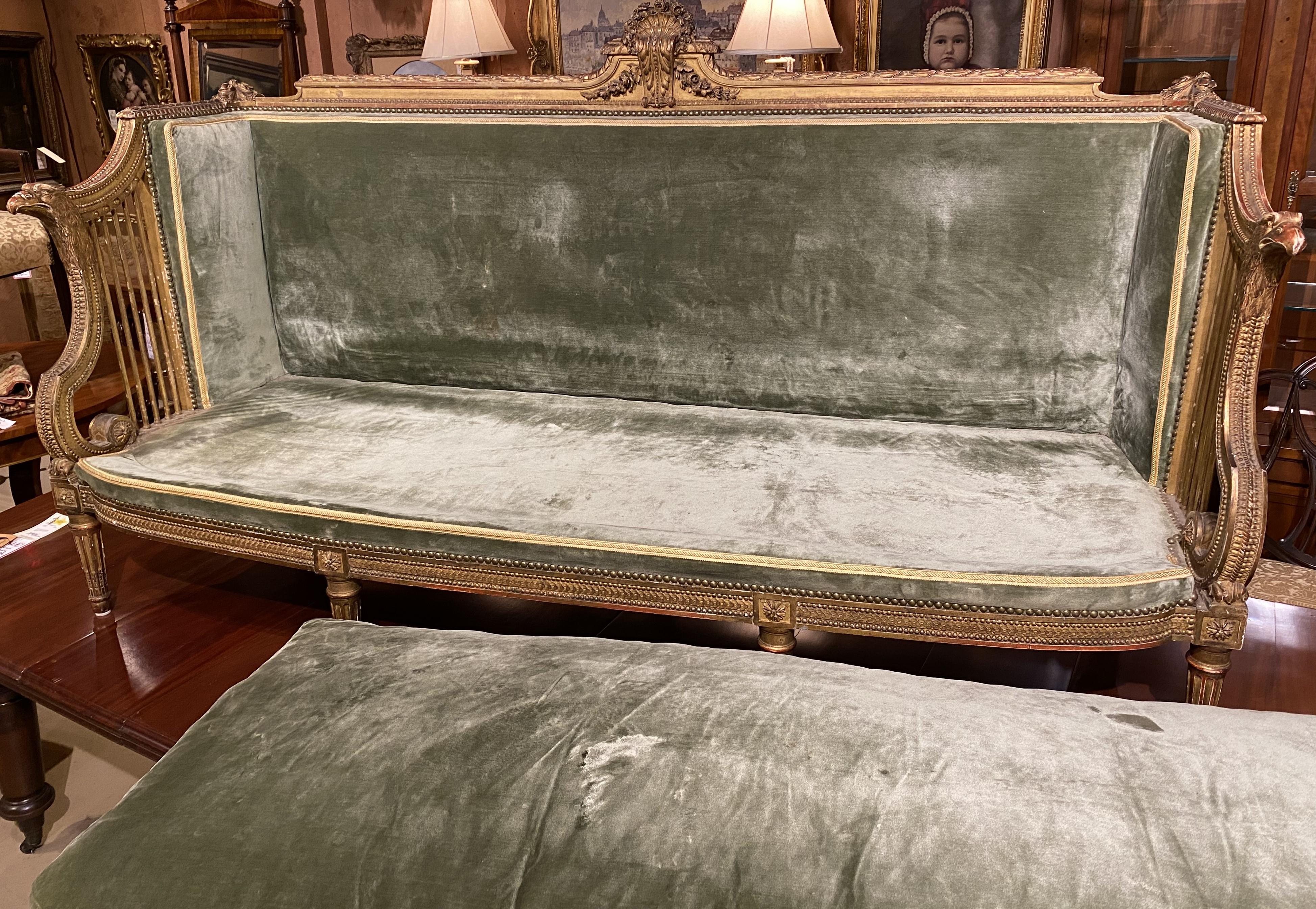 Upholstery Louis XVI Style Carved, Painted, and Giltwood Upholstered Settee 