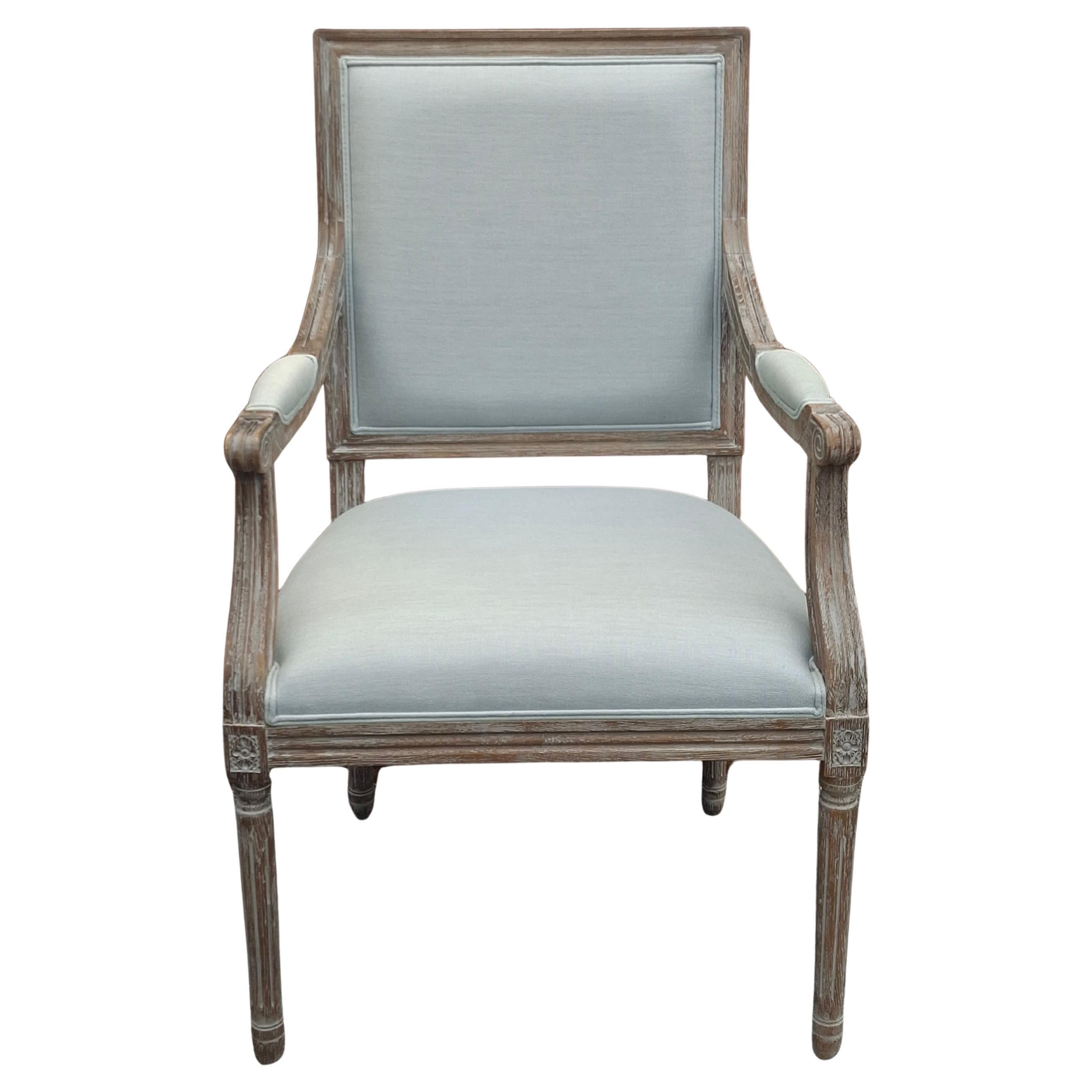 Louis XVI Style Carved Rustic Oak and Upholstered Armchair For Sale