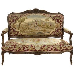 Antique Louis XV Style Carved Walnut Tapestry Sofa