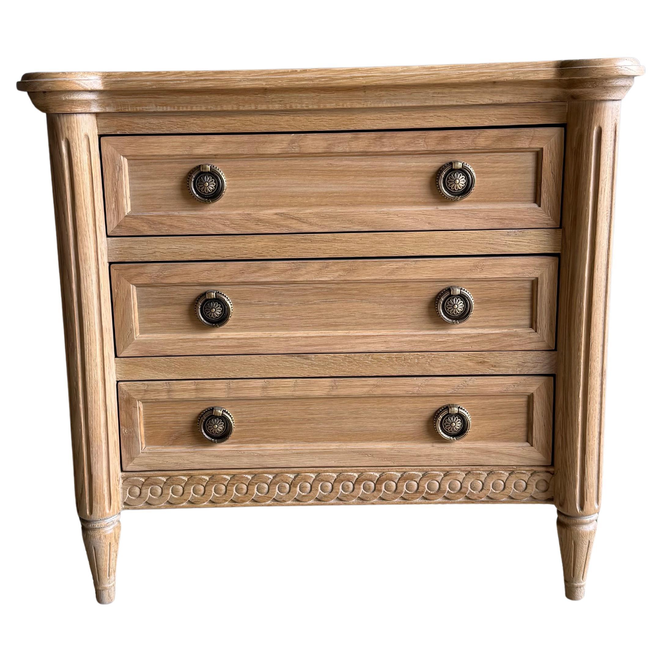 Louis XVI Style Carved White Oak Nightstand with 3 drawers