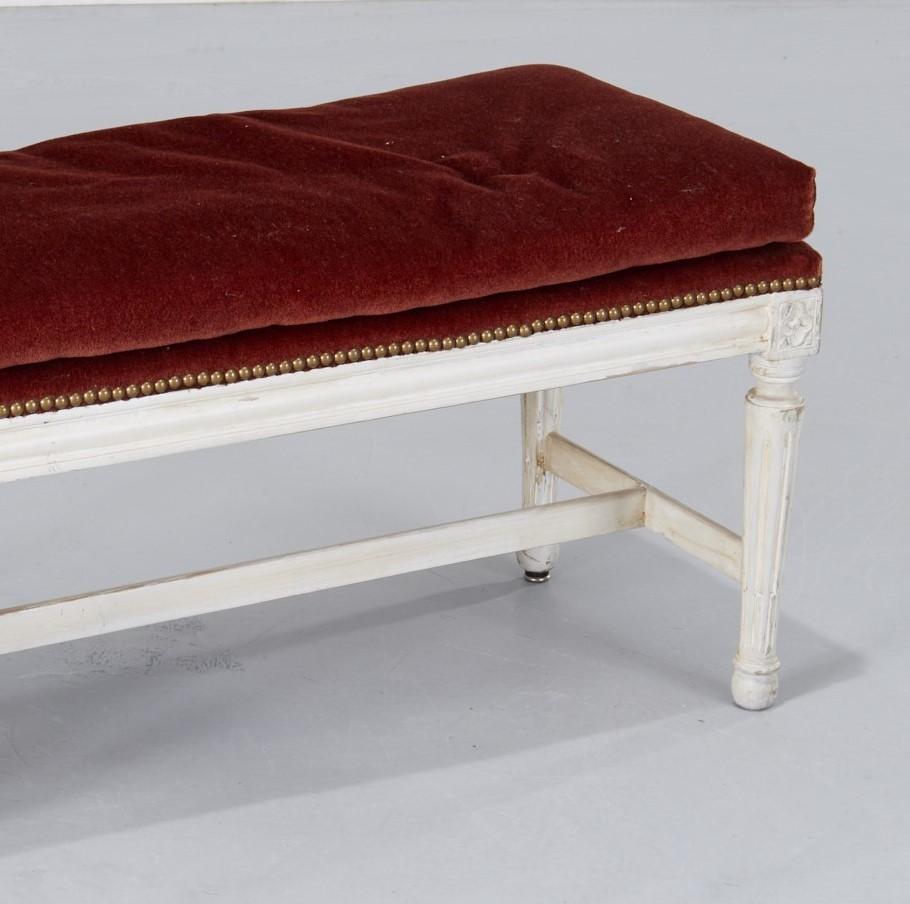 Louis XVI Style Carved White Painted Bench With Down Filled Mohair Velvet Seat  In Good Condition In Morristown, NJ