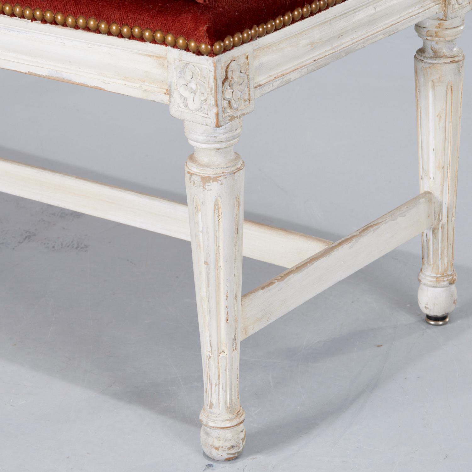 Late 20th Century Louis XVI Style Carved White Painted Bench With Down Filled Mohair Velvet Seat 