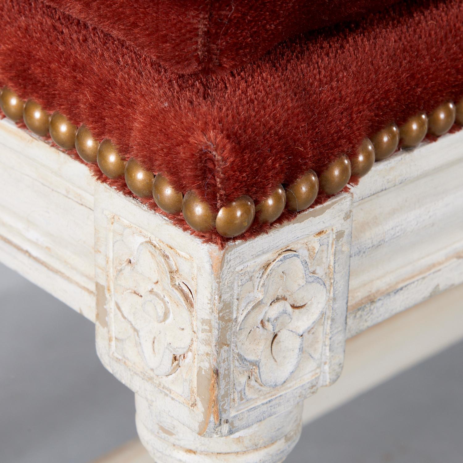 Metal Louis XVI Style Carved White Painted Bench With Down Filled Mohair Velvet Seat 