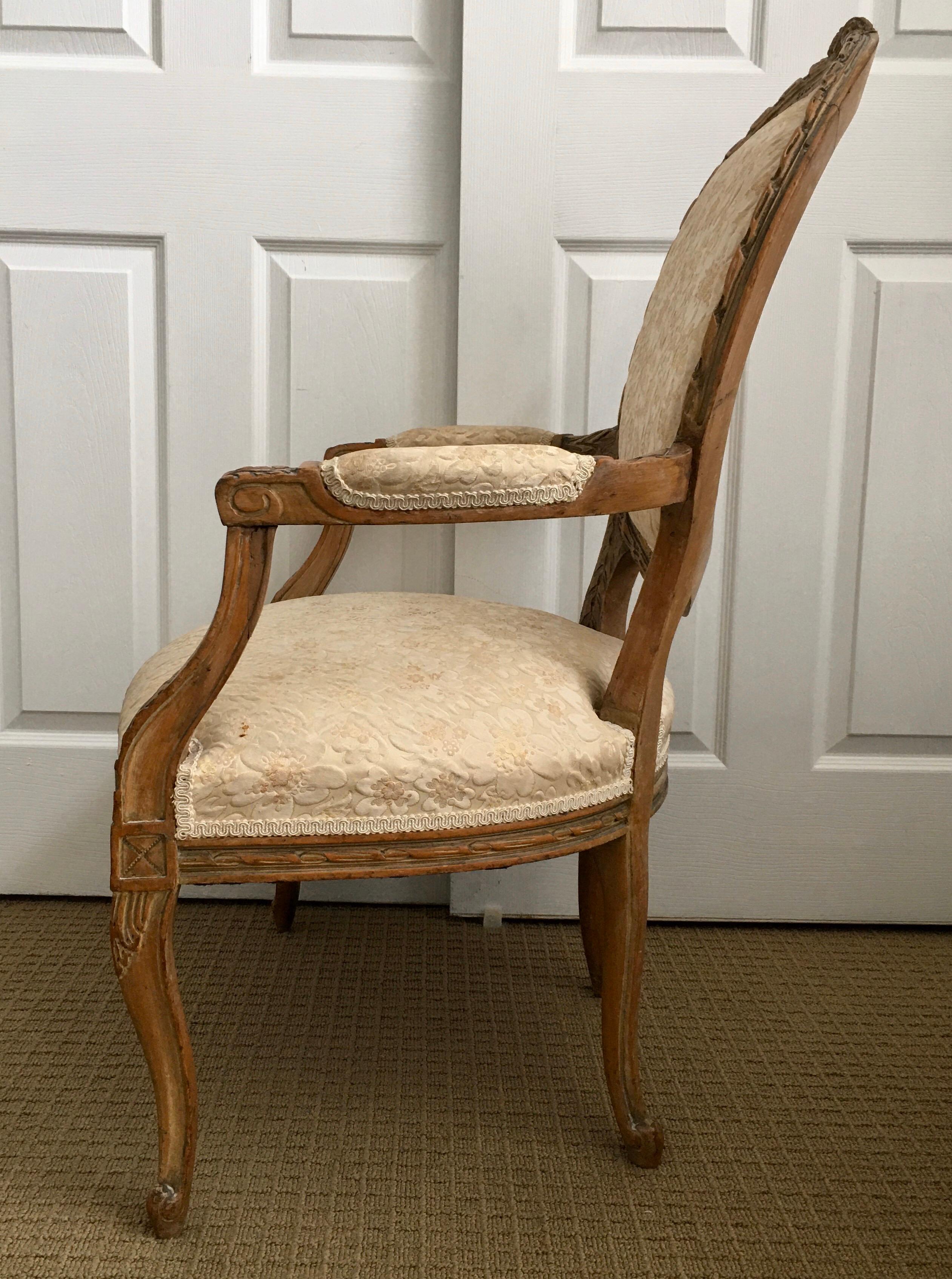20th Century Louis XVI Style Carved Wood Fauteuil Accent Armchair