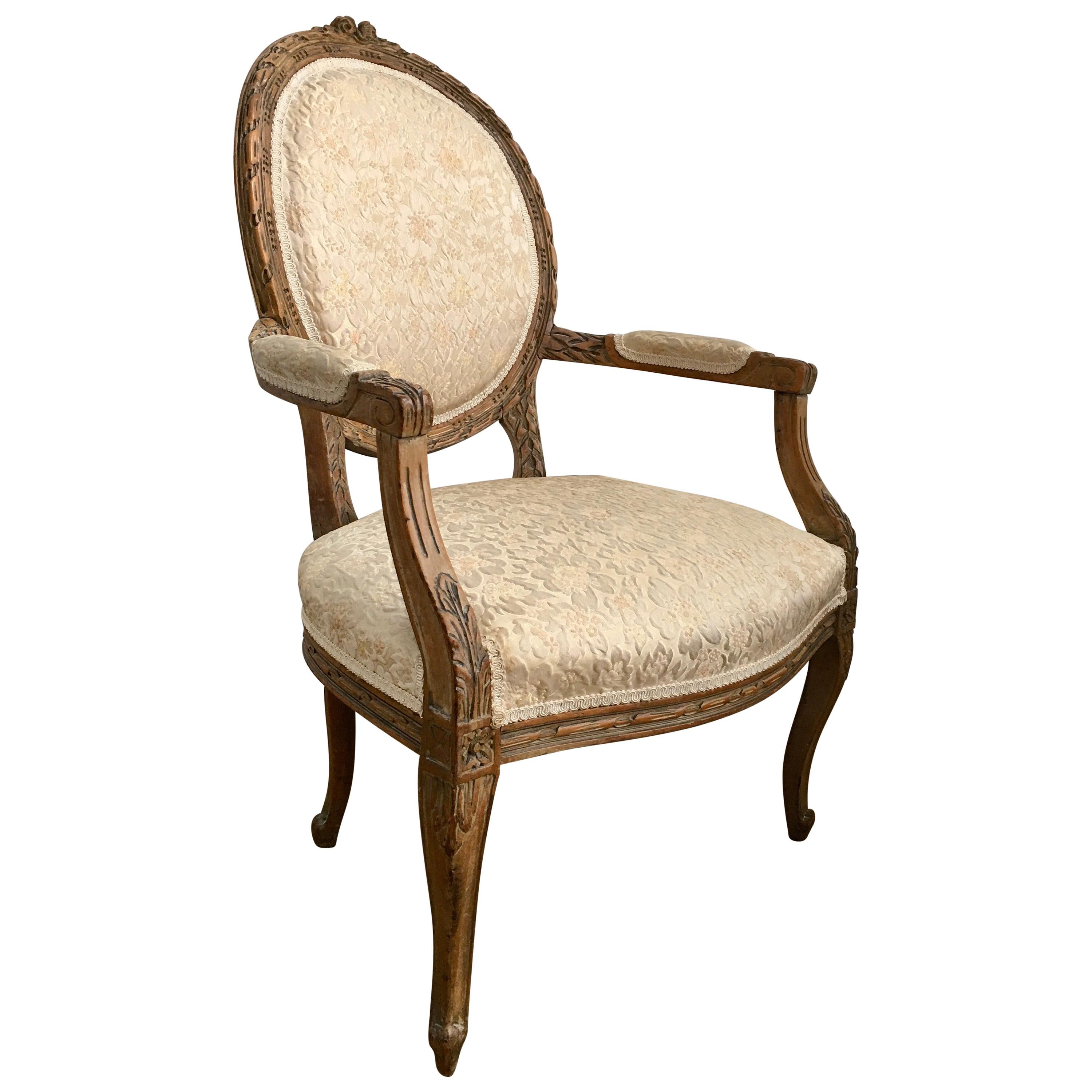 Louis XVI Style Carved Wood Fauteuil Accent Armchair
